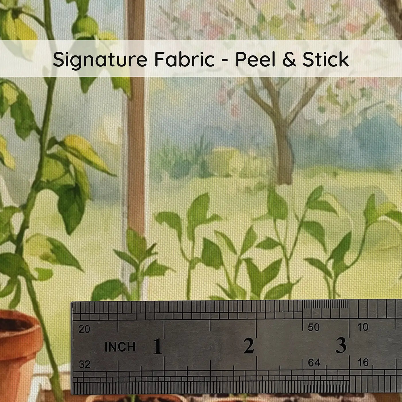 Fabric texture close-up of Greenhouse Potting Bench Spring Wallpaper Mural by Whimsy Tots
