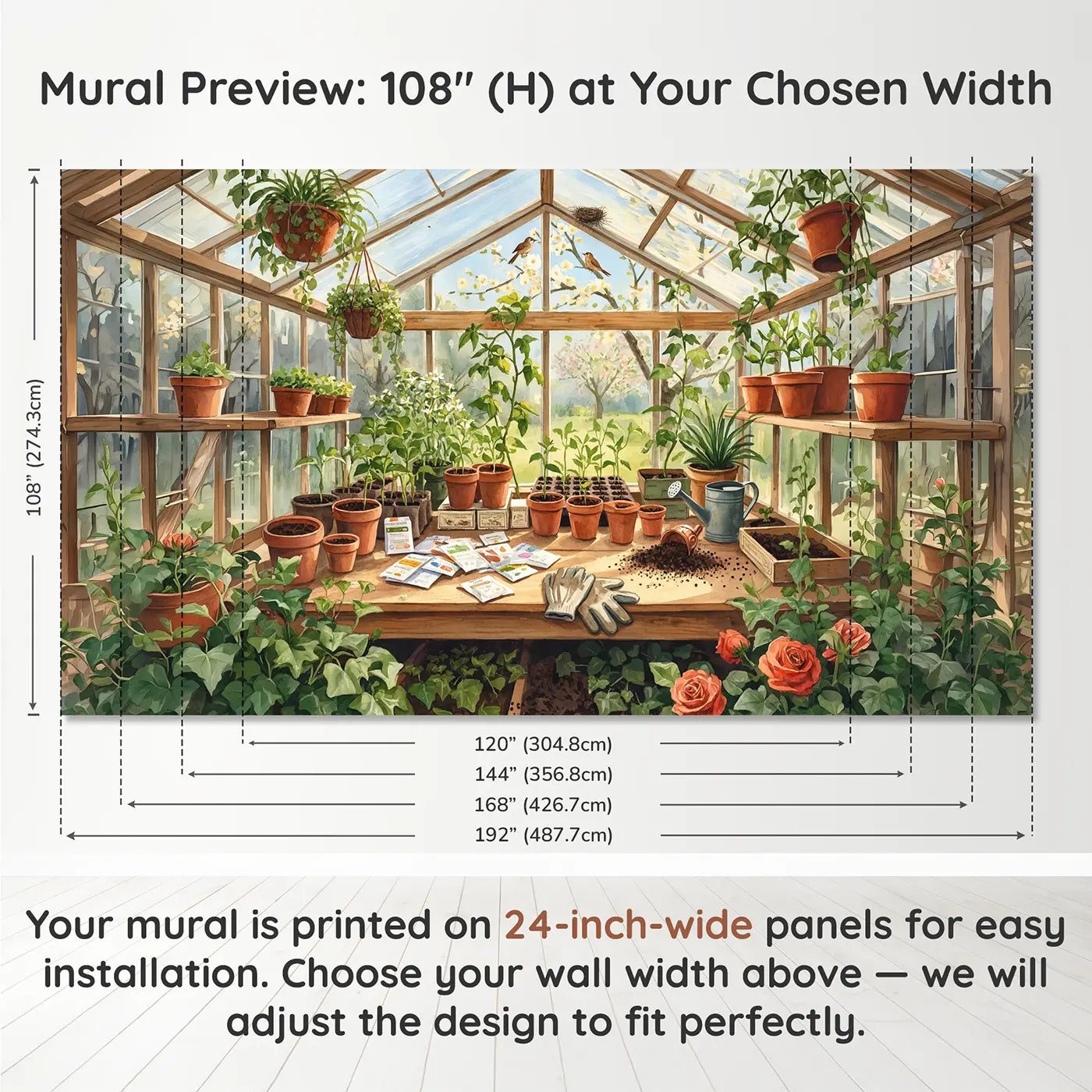 Panel layout and dimensions for Greenhouse Potting Bench Spring Wallpaper Mural by Whimsy Tots