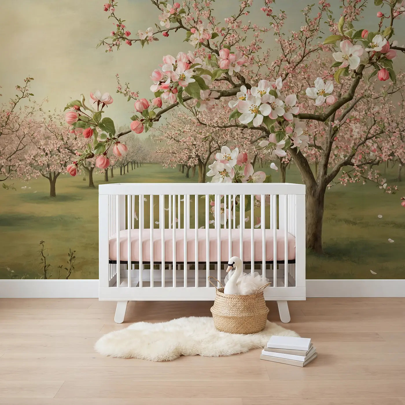 Botanical elegance cherry blossom floral meadow wallpaper mural for nursery by Whimsy Tots