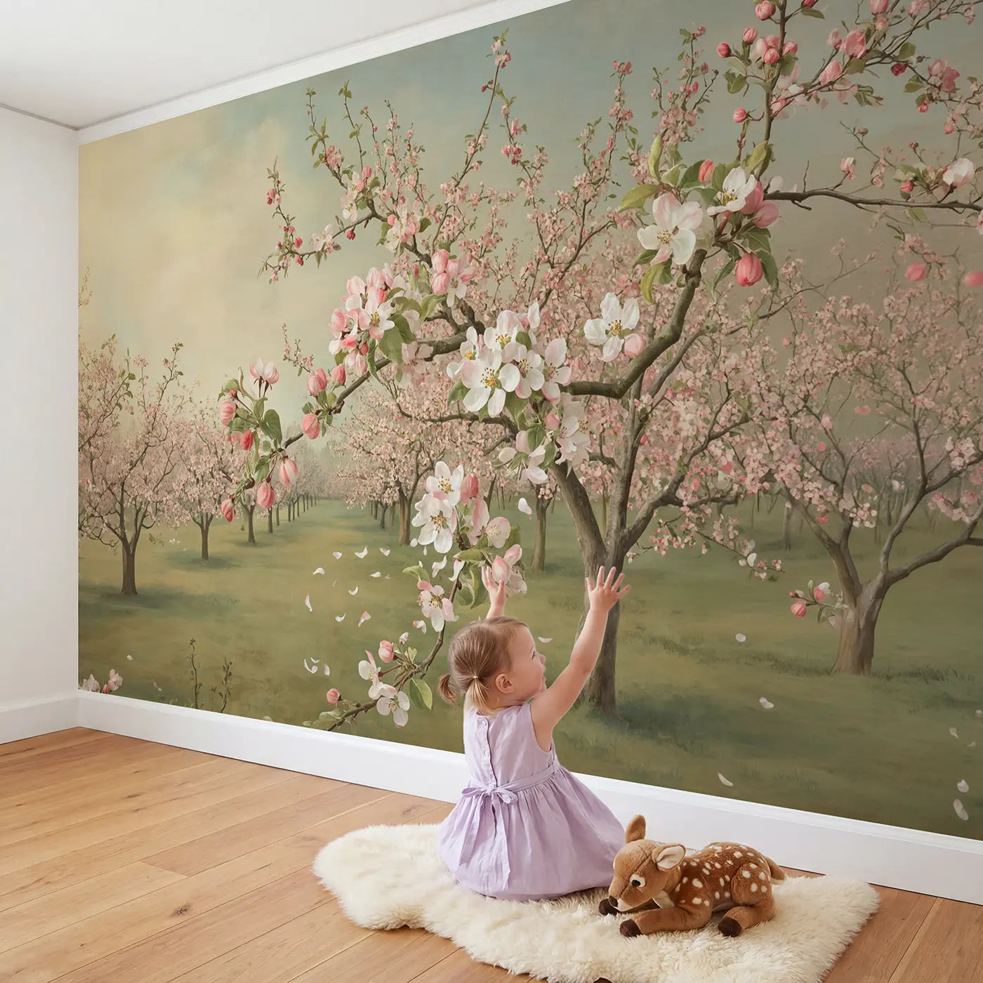 Child in nursery with Apple Blossom Bee Path Wallpaper Mural by Whimsy Tots