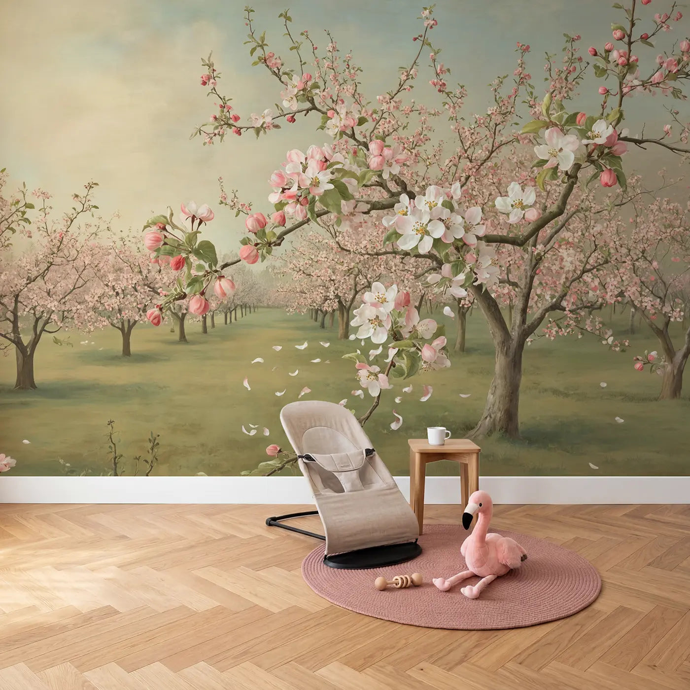 Apple Blossom Bee Path Wallpaper Mural in playroom setting by Whimsy Tots