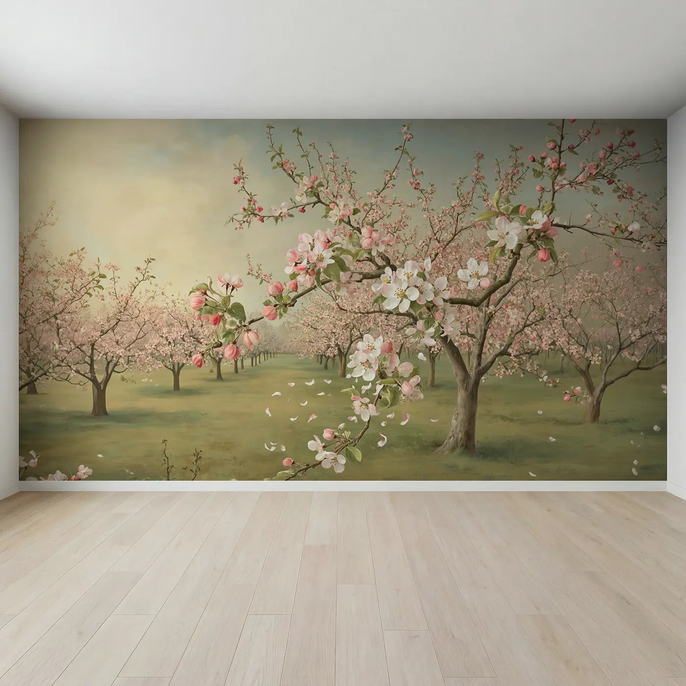 Full view of Apple Blossom Bee Path Wallpaper Mural by Whimsy Tots