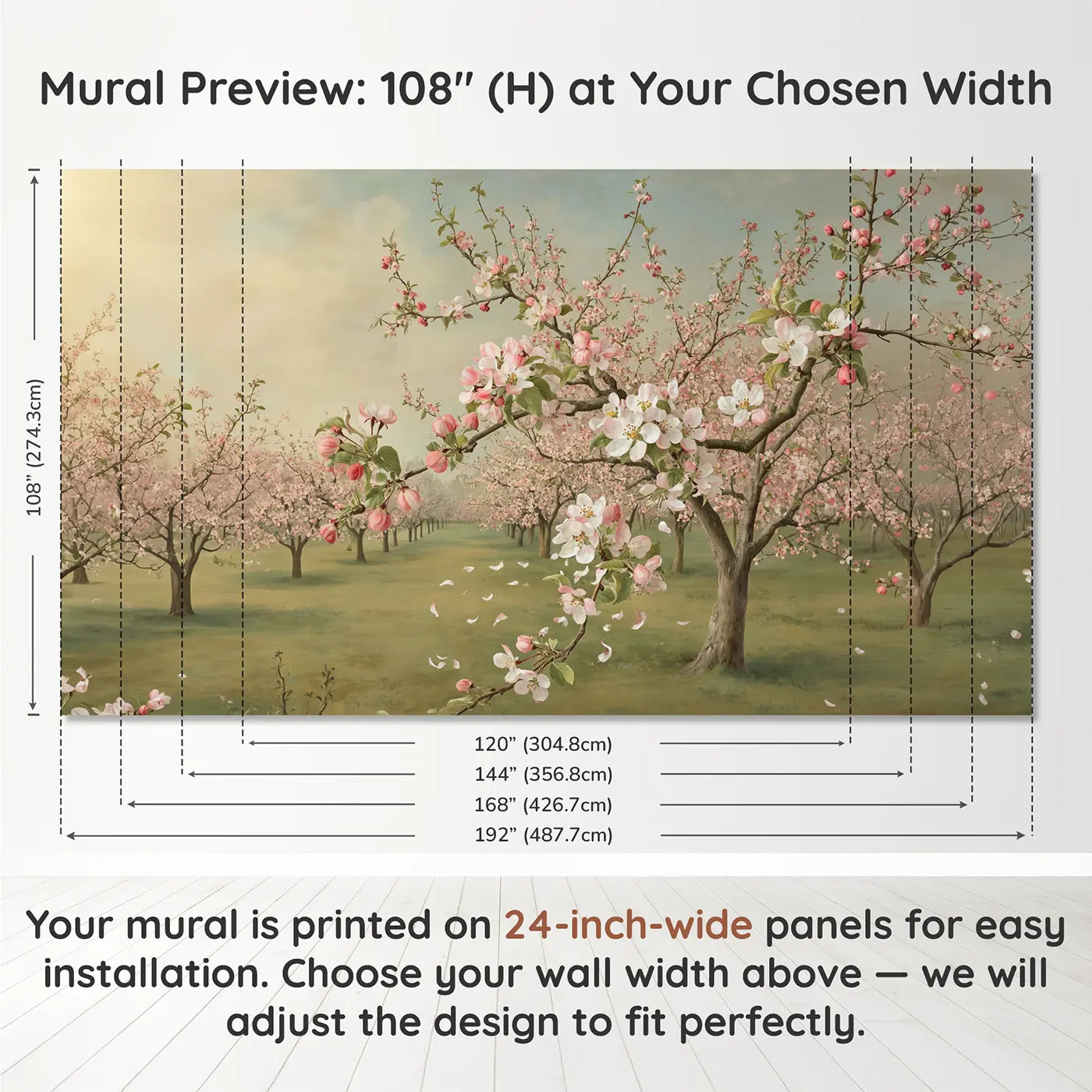 Panel layout and dimensions for Apple Blossom Bee Path Wallpaper Mural by Whimsy Tots