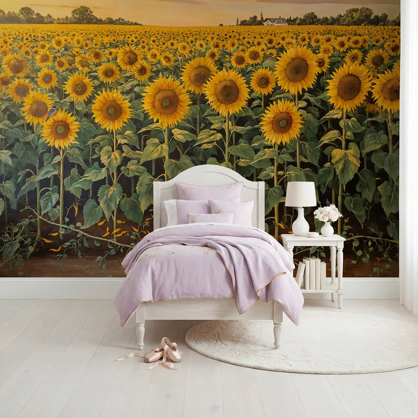 botanical elegance golden sunflower field wallpaper mural for girls room by Whimsy Tots