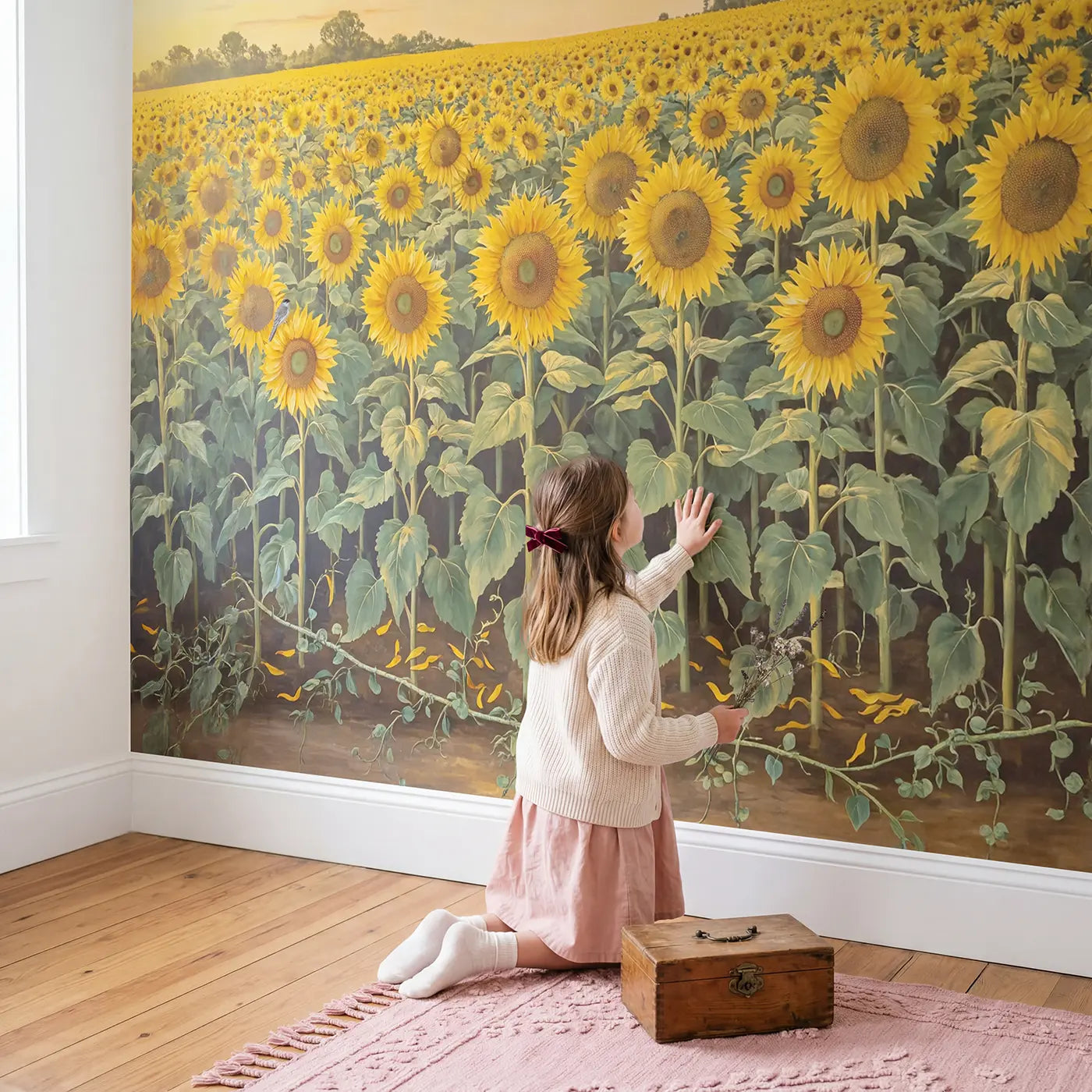 Child in nursery with Golden Sunflower Field Wallpaper Mural by Whimsy Tots