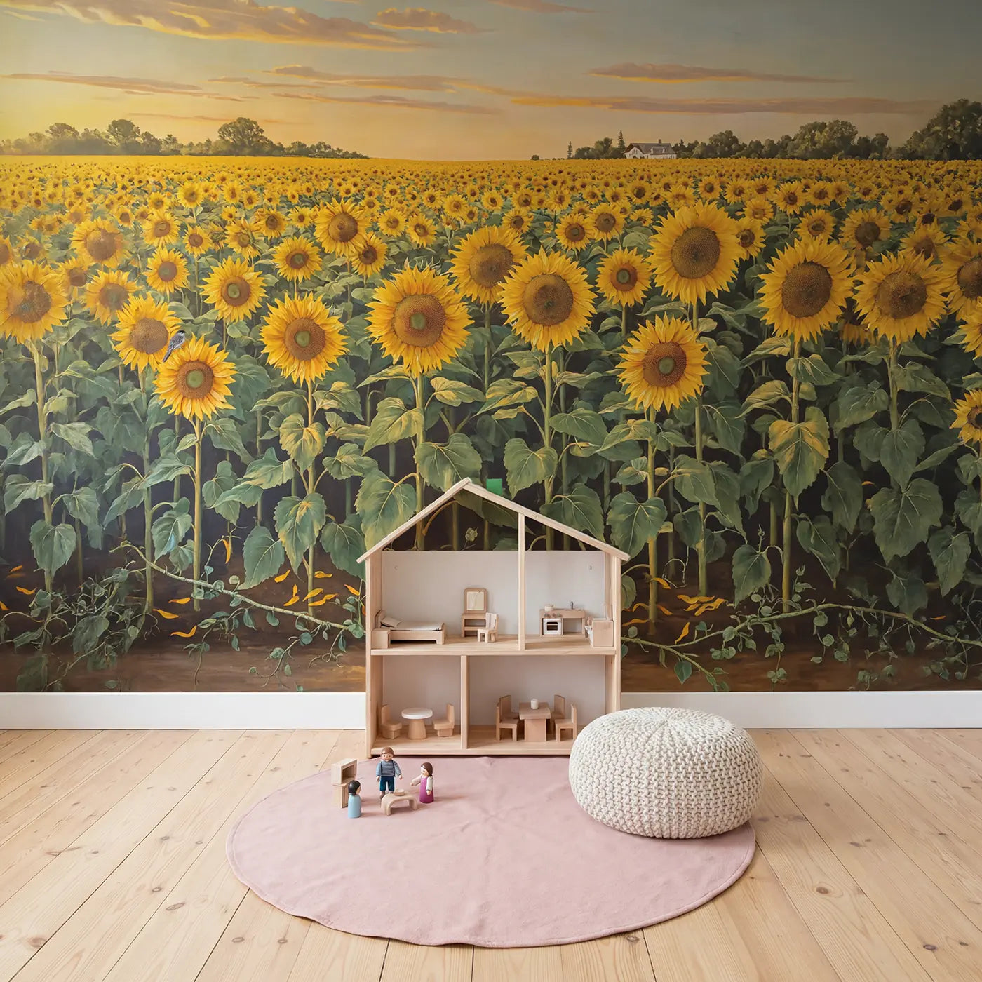 Golden Sunflower Field Wallpaper Mural in playroom setting by Whimsy Tots