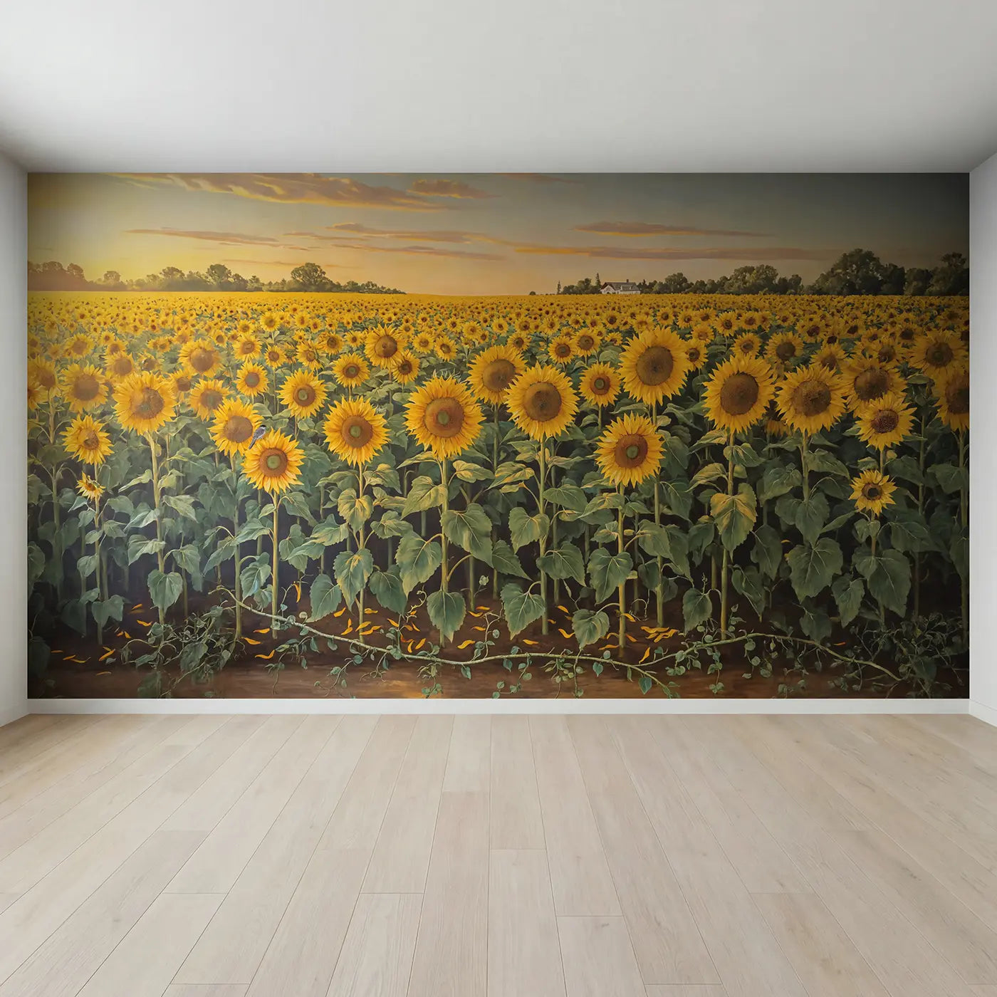 Full view of Golden Sunflower Field Wallpaper Mural by Whimsy Tots