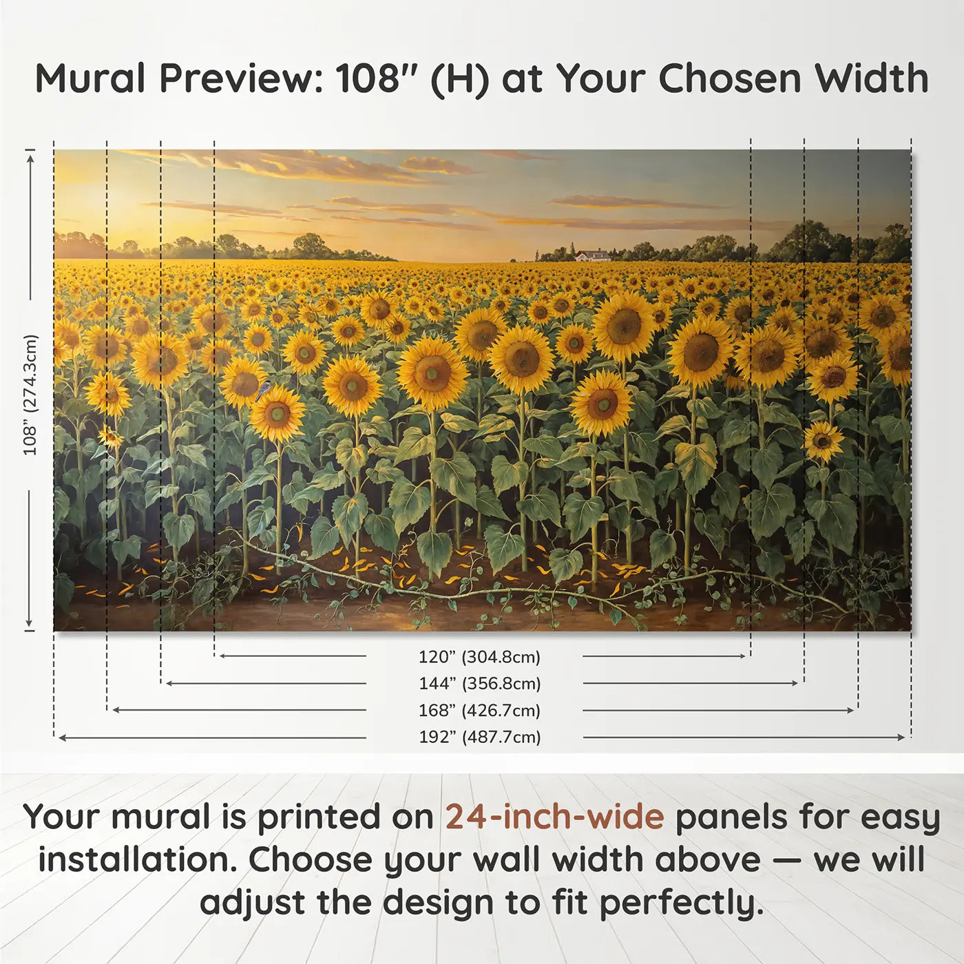 Panel layout and dimensions for Golden Sunflower Field Wallpaper Mural by Whimsy Tots
