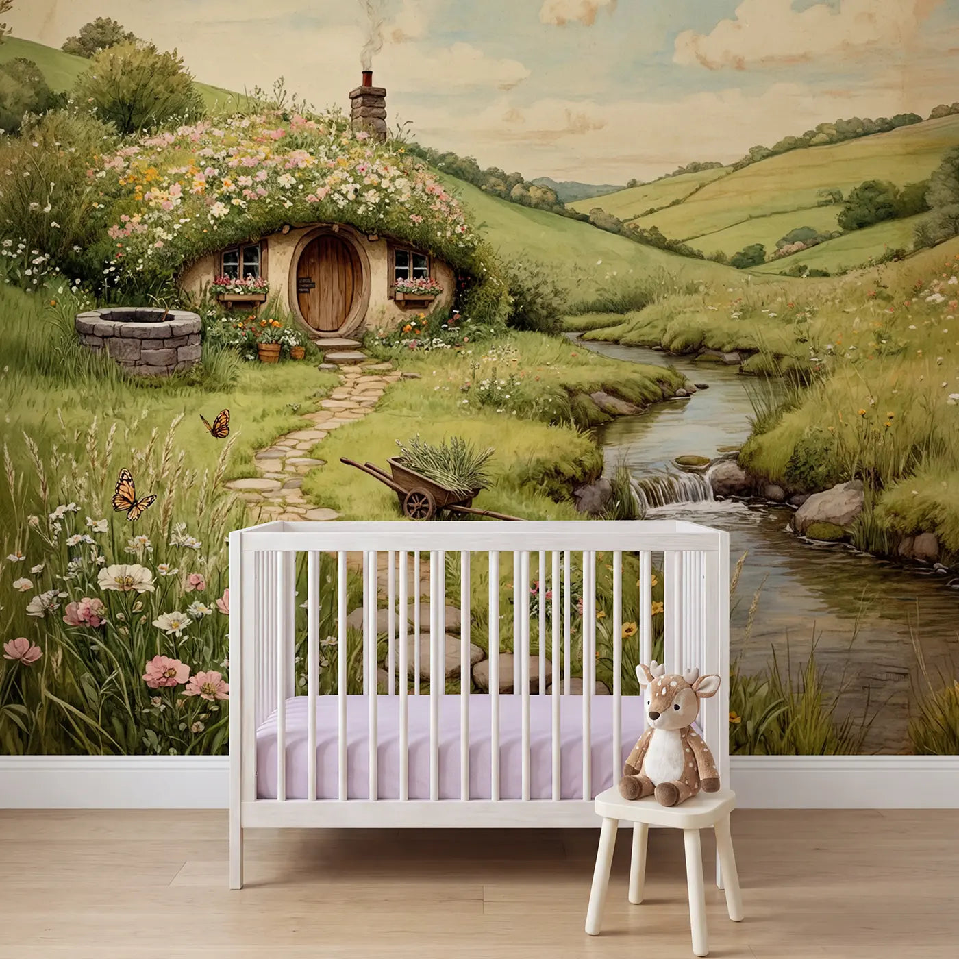 Storybook wildflower hill cottage path wallpaper mural for kids room by Whimsy Tots