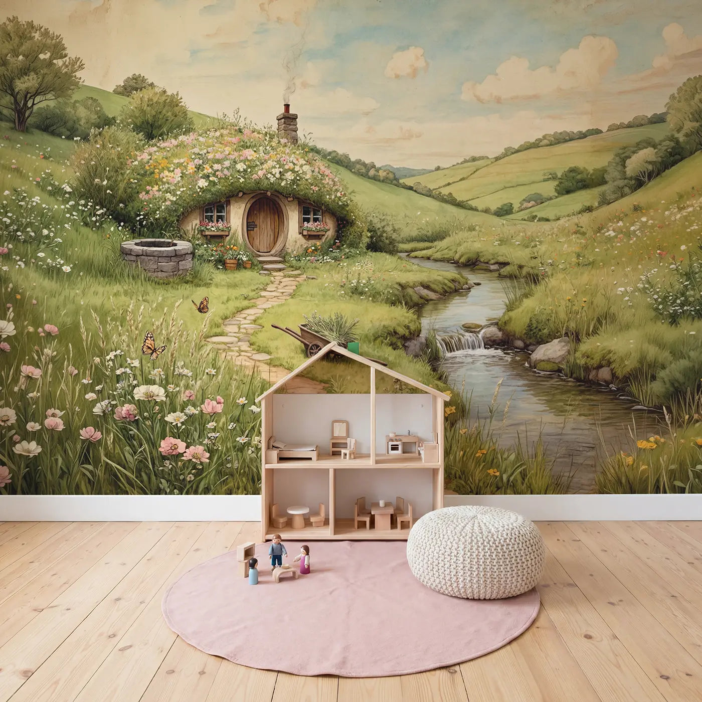 Wildflower Hill Cottage Wallpaper Mural in playroom setting by Whimsy Tots