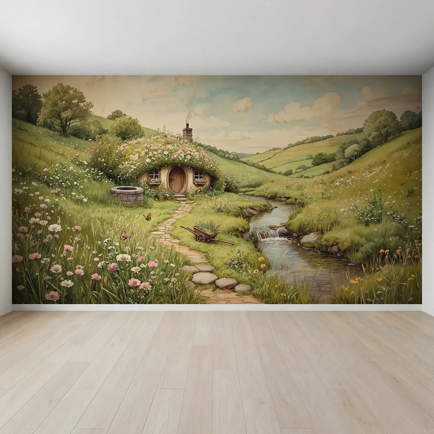 Full view of Wildflower Hill Cottage Wallpaper Mural by Whimsy Tots