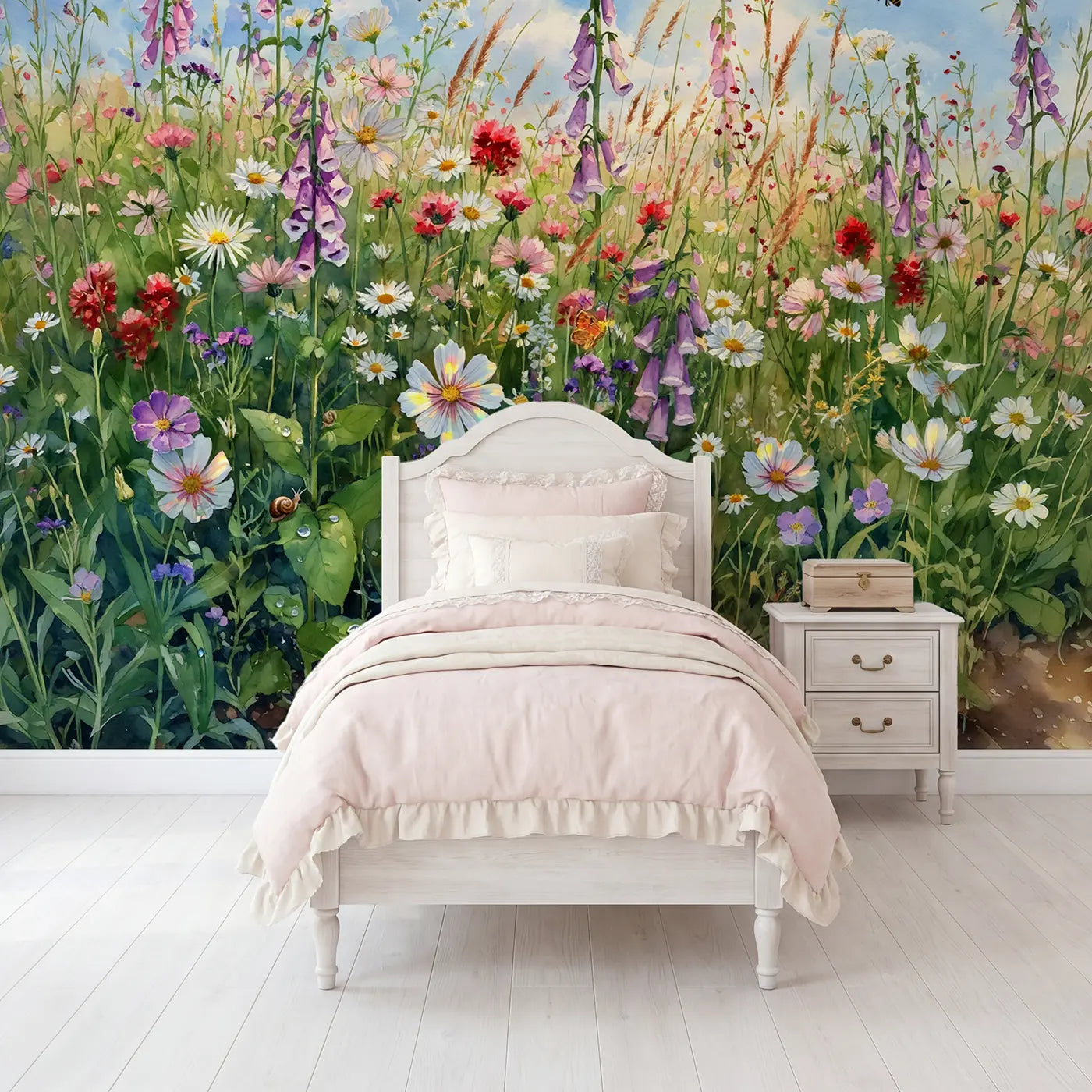 Watercolor wildflower field ground level wallpaper mural for kids room by Whimsy Tots