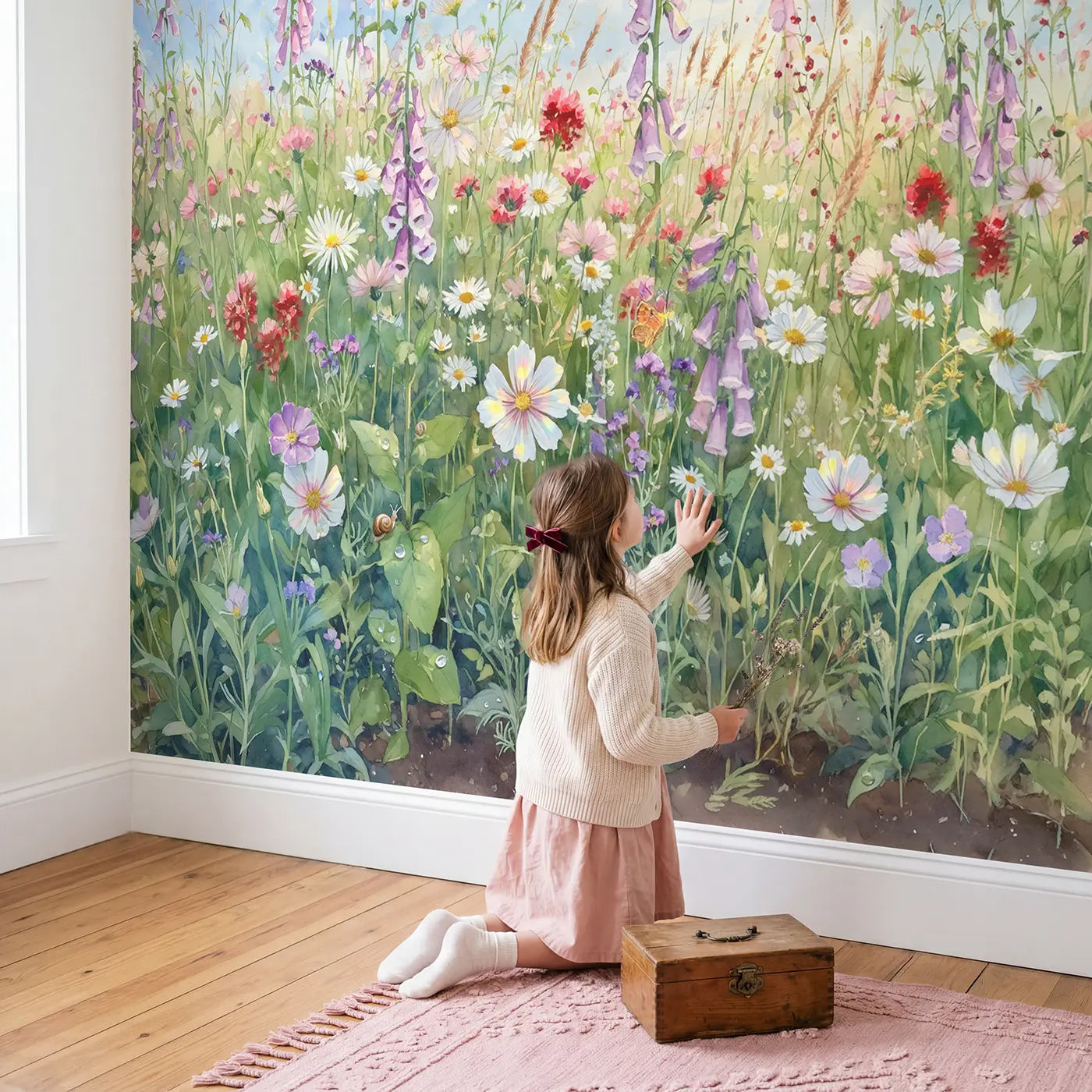 Child in nursery with Wildflower Field Ground Level Wallpaper Mural by Whimsy Tots