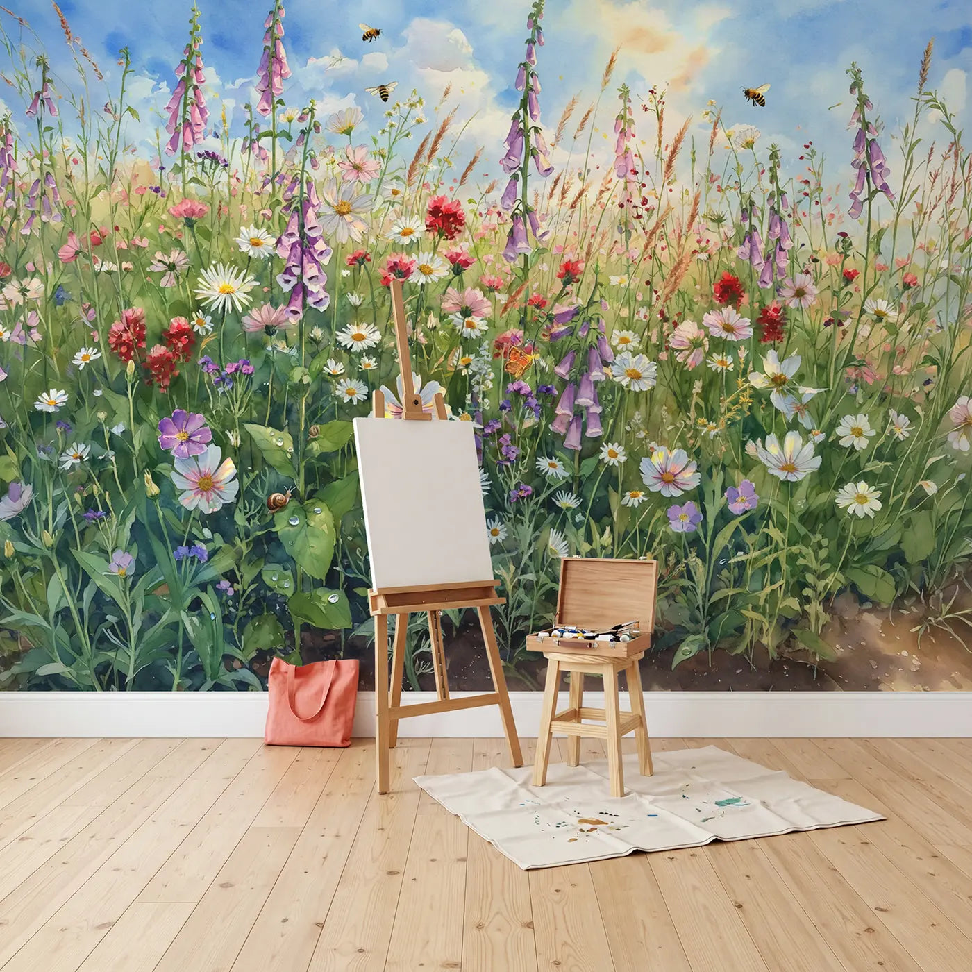 Wildflower Field Ground Level Wallpaper Mural in playroom setting by Whimsy Tots