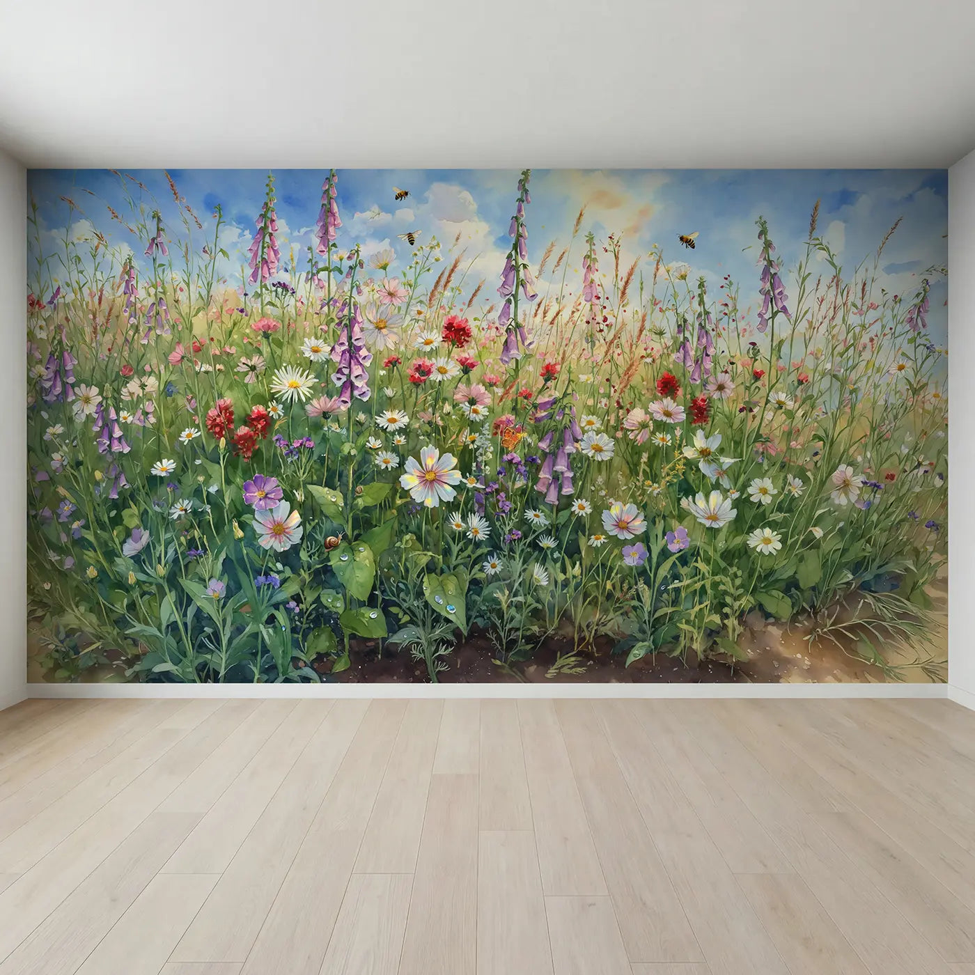 Full view of Wildflower Field Ground Level Wallpaper Mural by Whimsy Tots