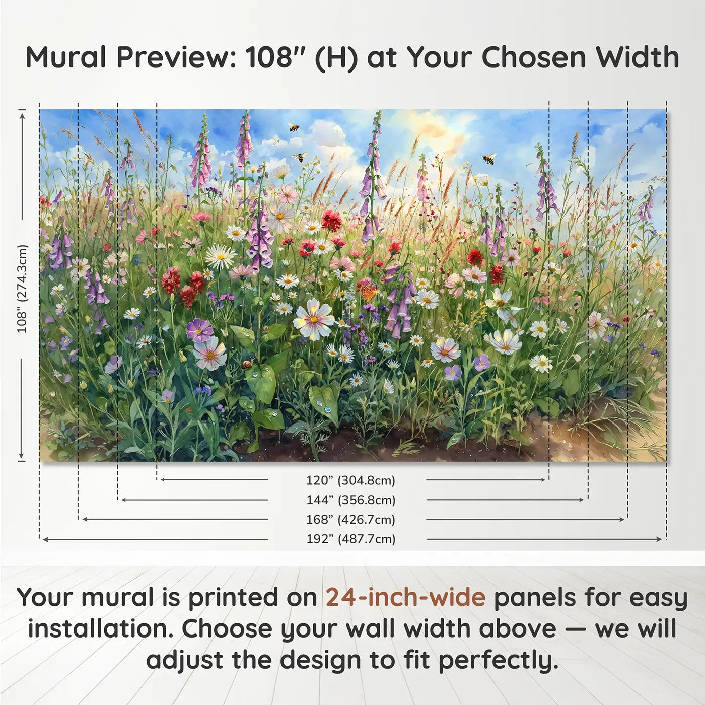 Panel layout and dimensions for Wildflower Field Ground Level Wallpaper Mural by Whimsy Tots