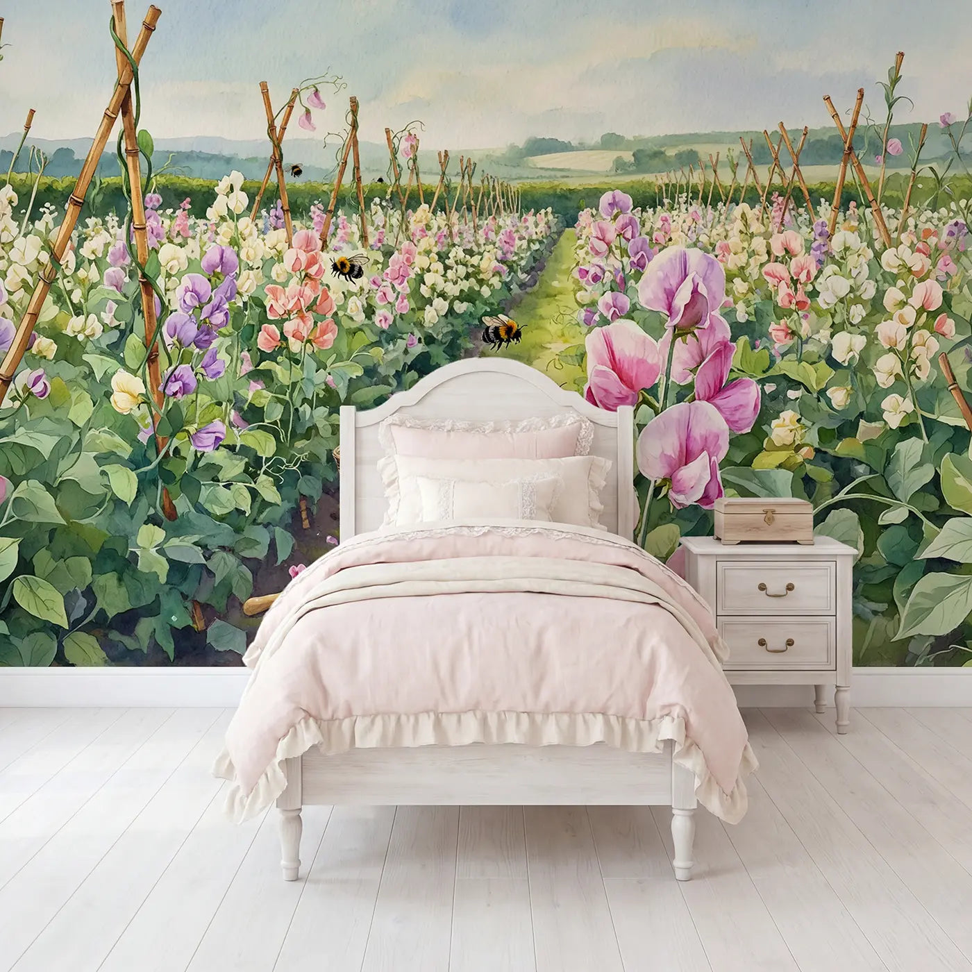 Watercolor sweet pea flower farm wallpaper mural for girls room by Whimsy Tots