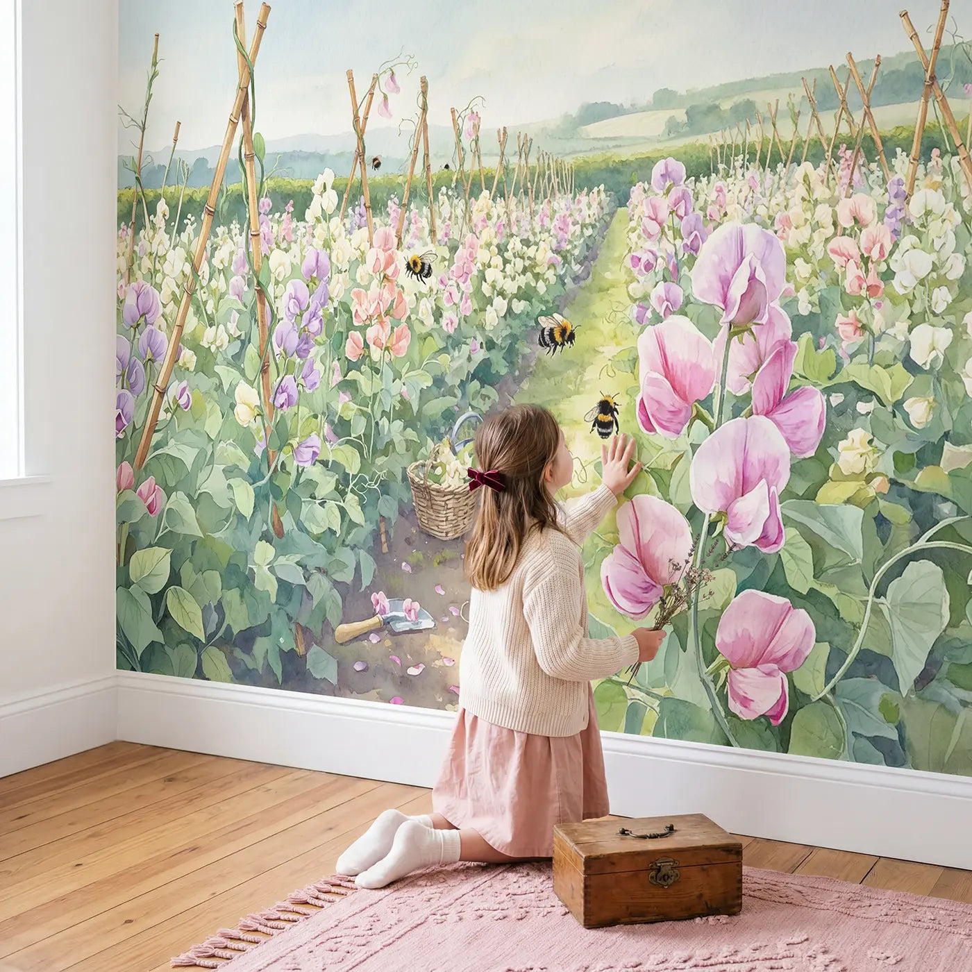 Child in nursery with Sweet Pea Flower Farm Wallpaper Mural by Whimsy Tots