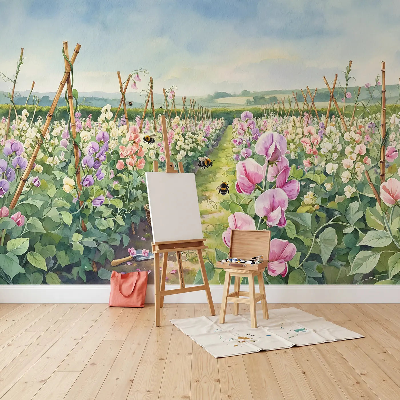 Sweet Pea Flower Farm Wallpaper Mural in playroom setting by Whimsy Tots