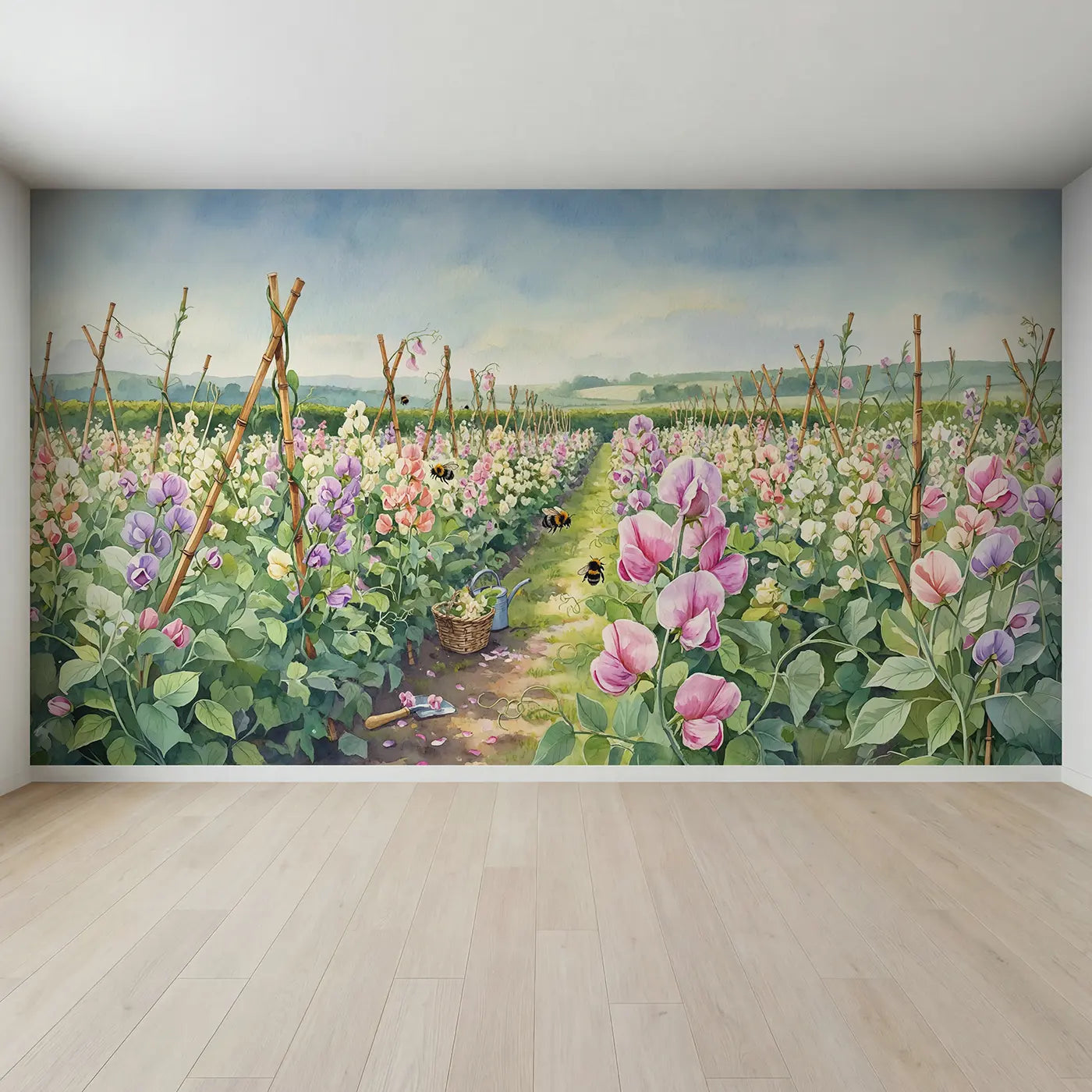 Full view of Sweet Pea Flower Farm Wallpaper Mural by Whimsy Tots