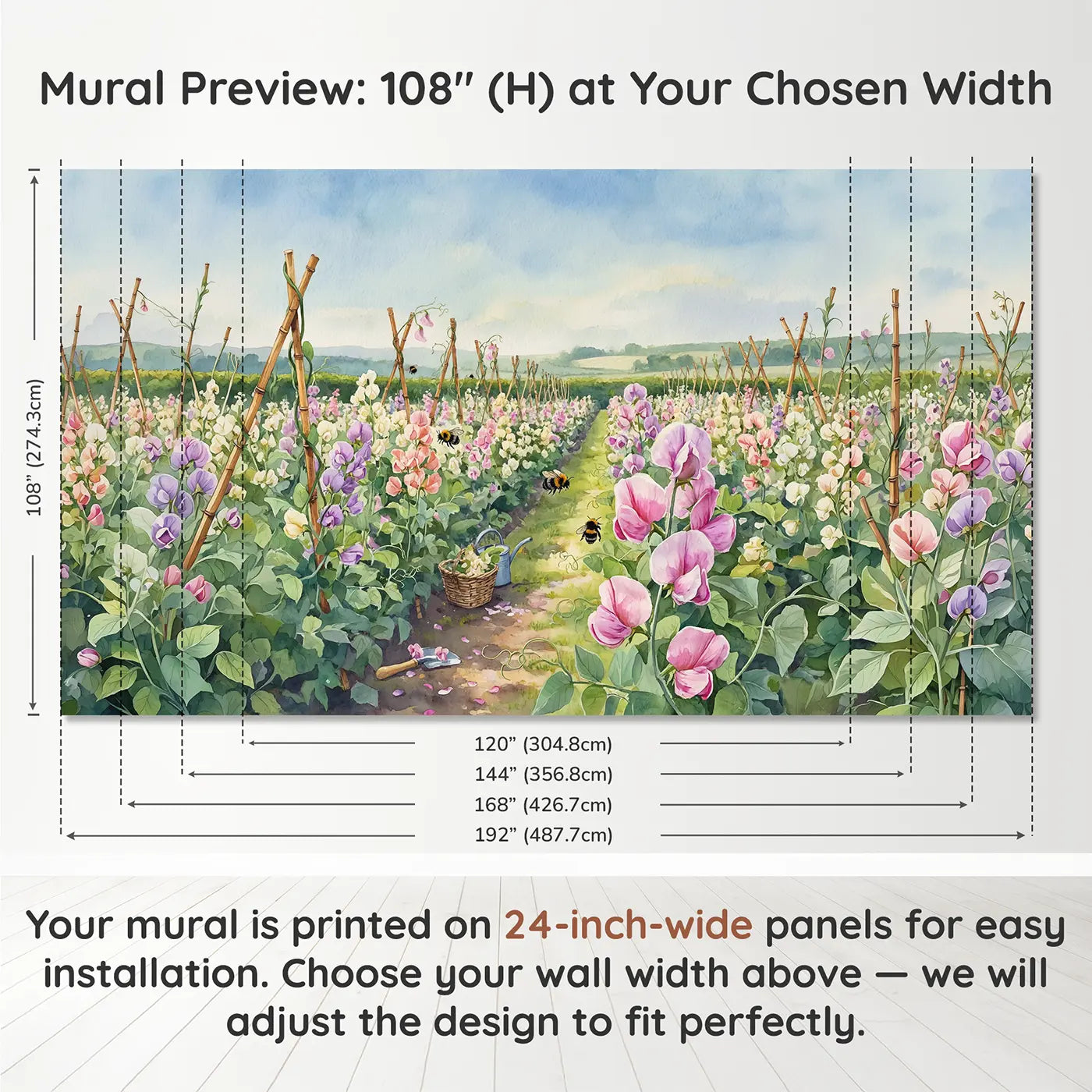 Panel layout and dimensions for Sweet Pea Flower Farm Wallpaper Mural by Whimsy Tots