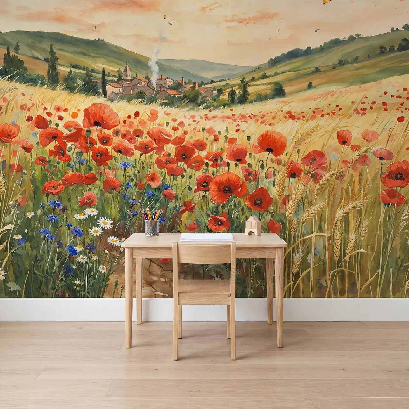 Watercolor poppy and field meadow wallpaper mural for kids room by Whimsy Tots