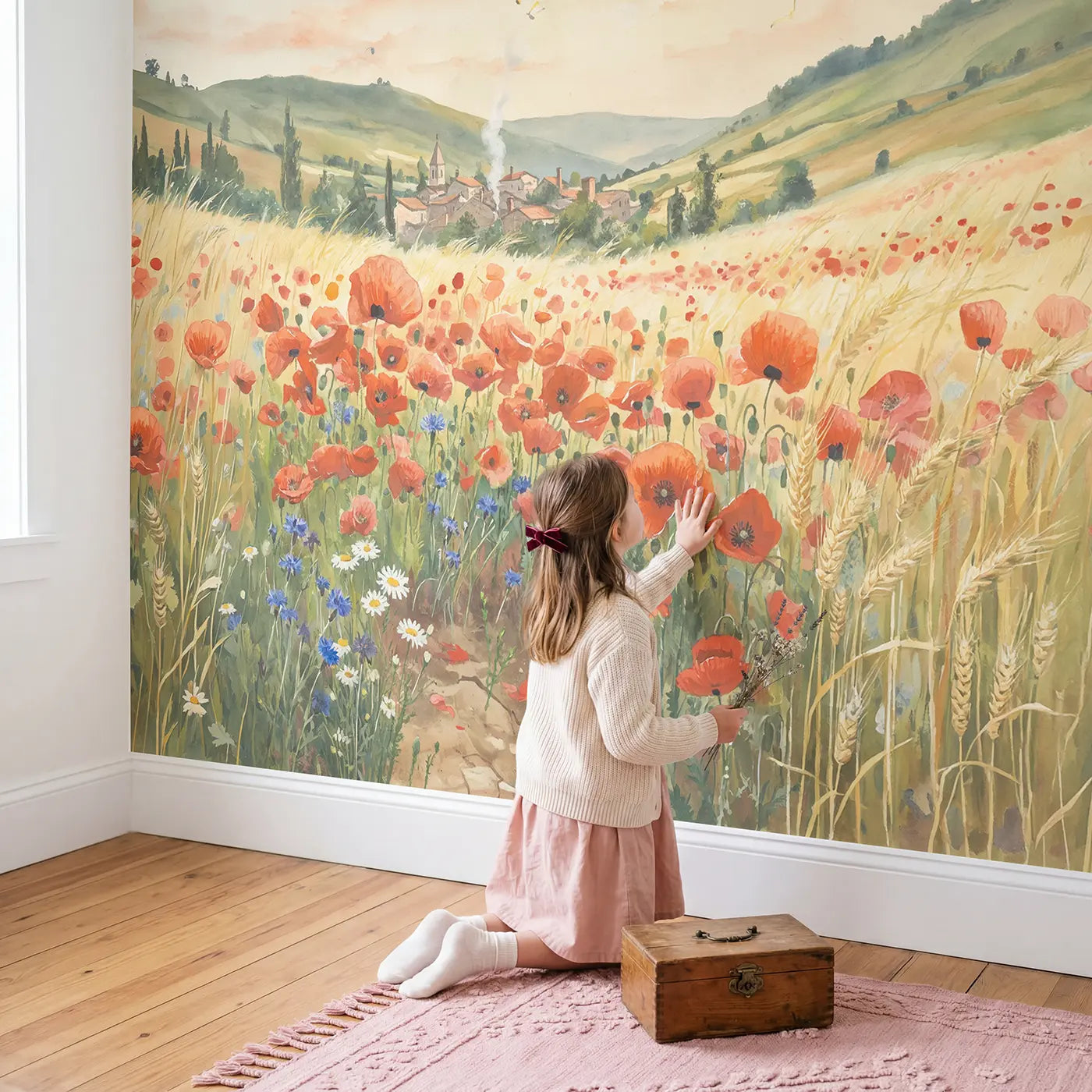 Child in nursery with Poppy Field Countryside Wallpaper Mural by Whimsy Tots