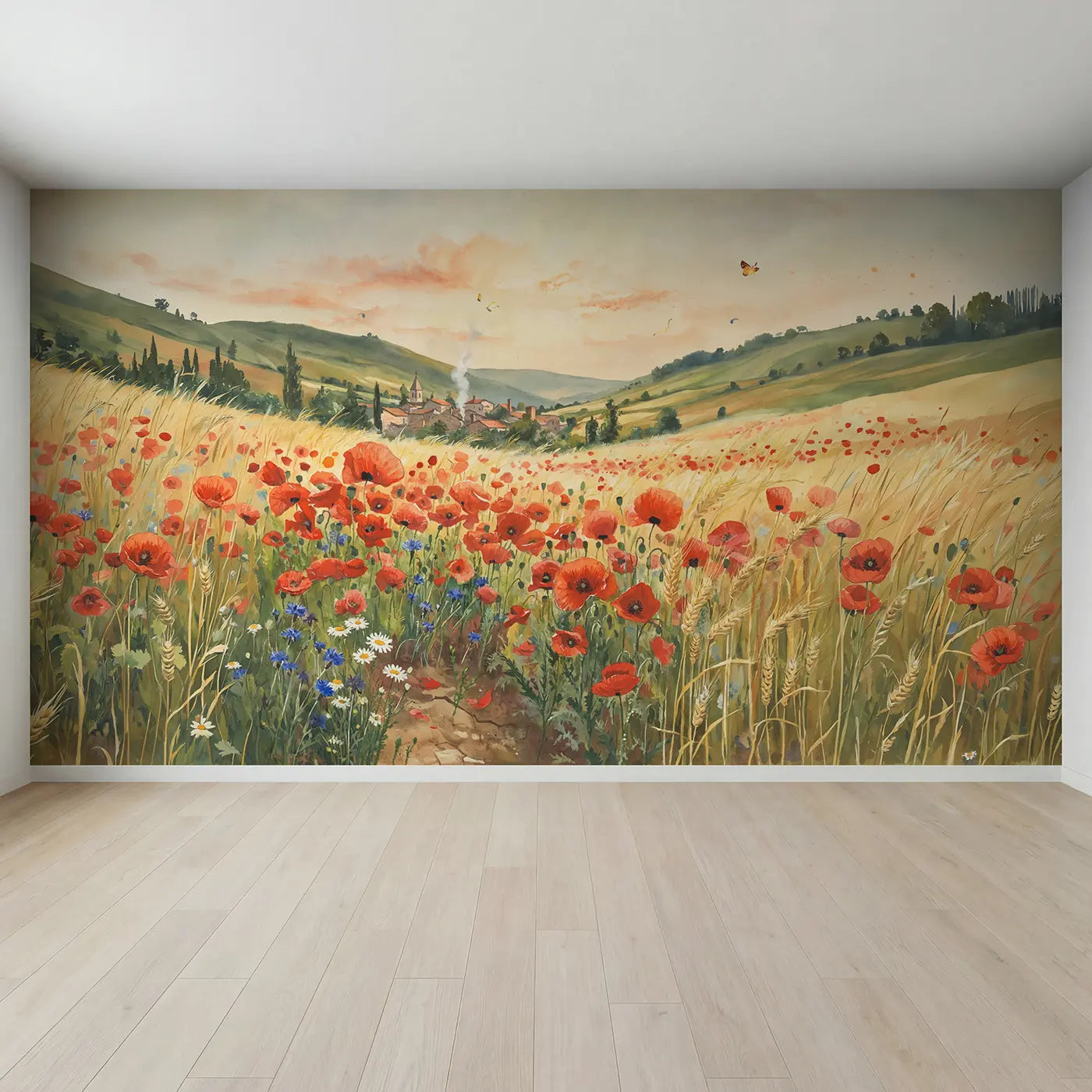 Full view of Poppy Field Countryside Wallpaper Mural by Whimsy Tots