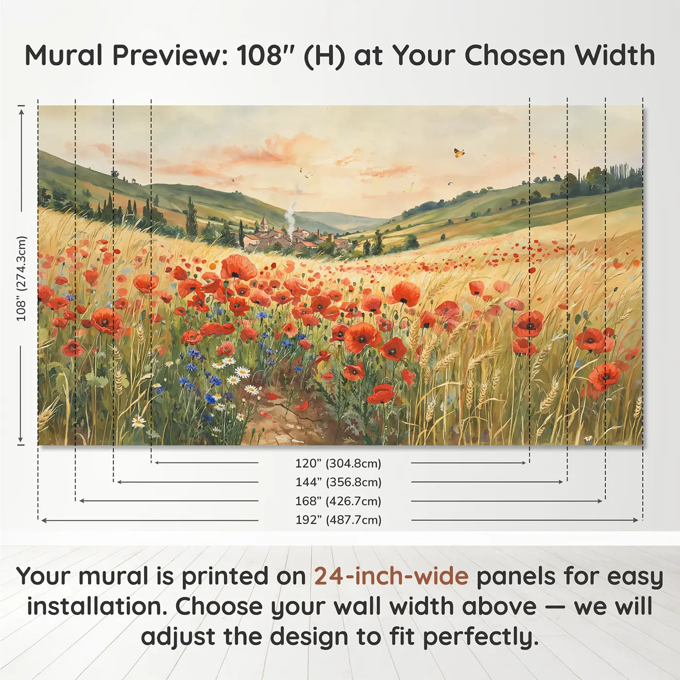 Panel layout and dimensions for Poppy Field Countryside Wallpaper Mural by Whimsy Tots