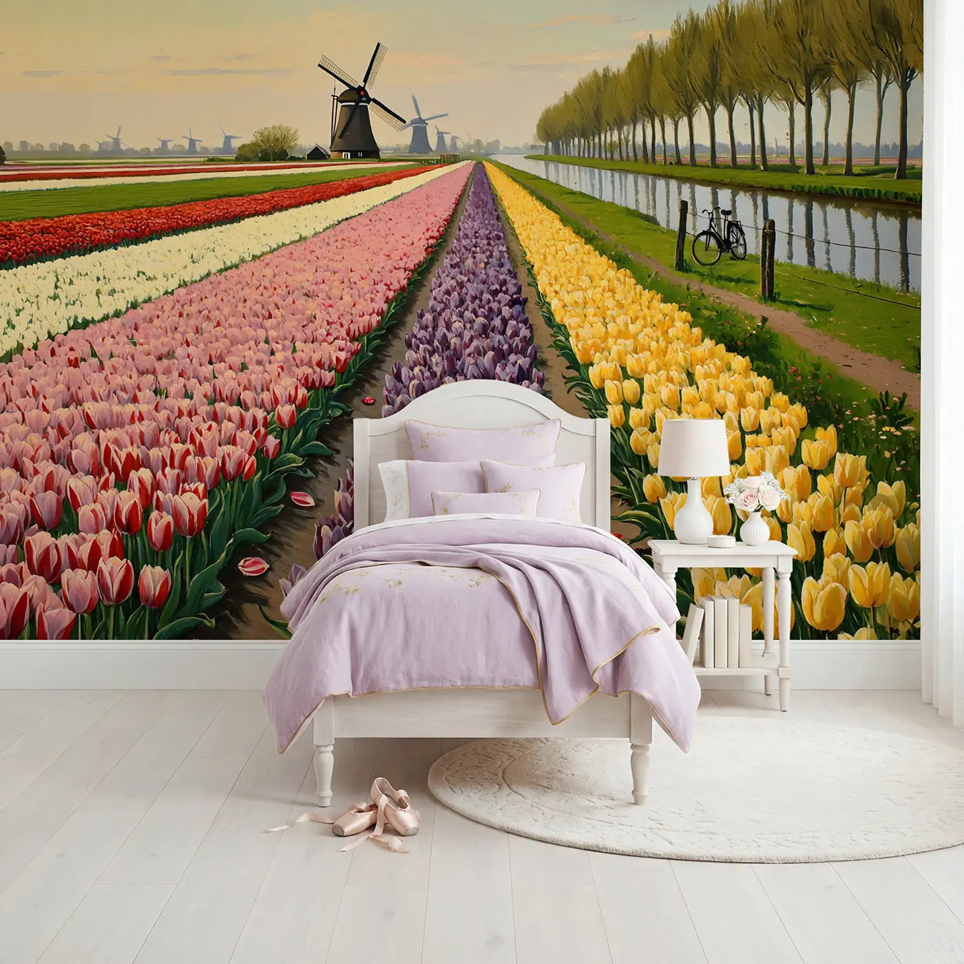 painted dutch tulip field windmill wallpaper mural for girls room by Whimsy Tots