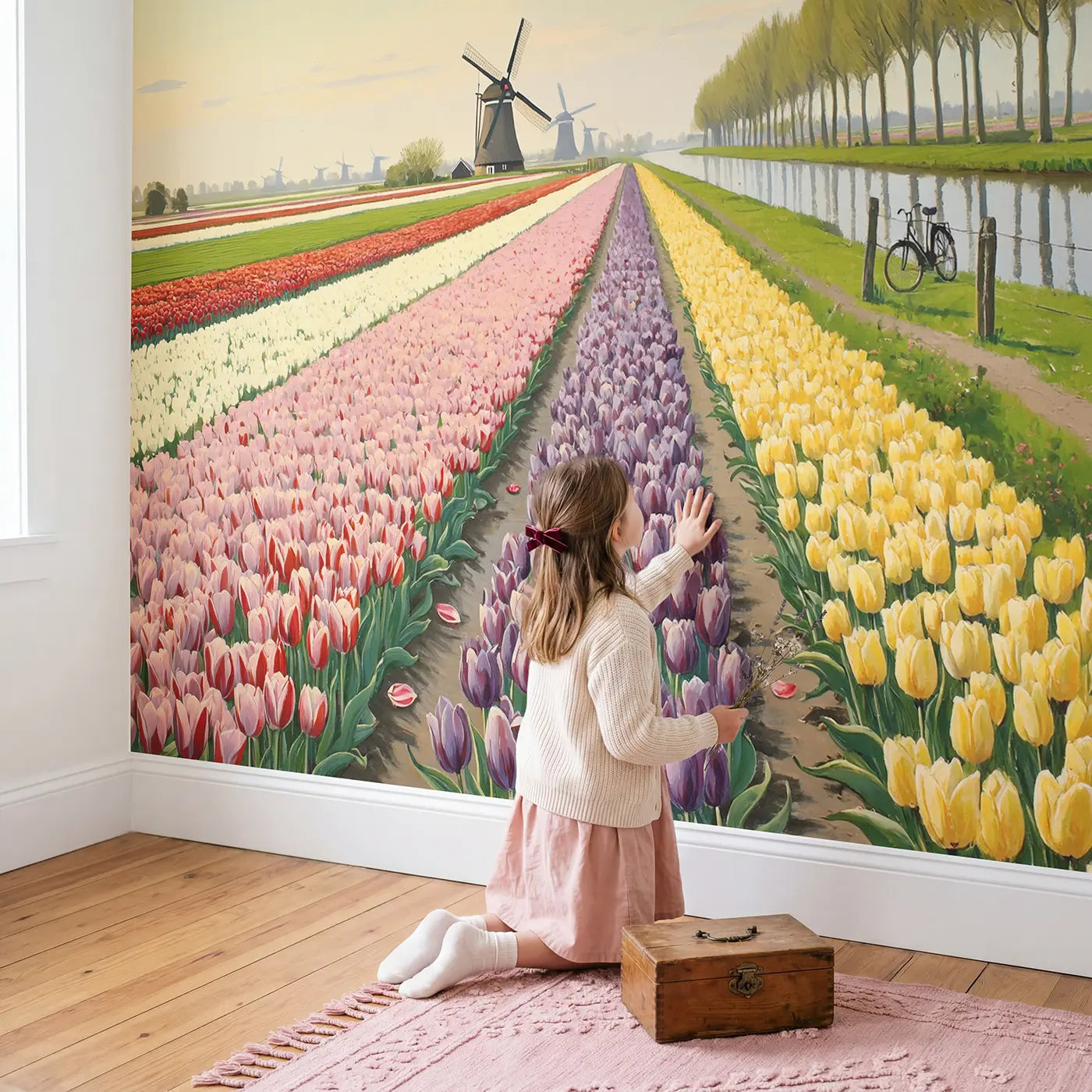 Child in nursery with Dutch Tulip Field Windmill Wallpaper Mural by Whimsy Tots