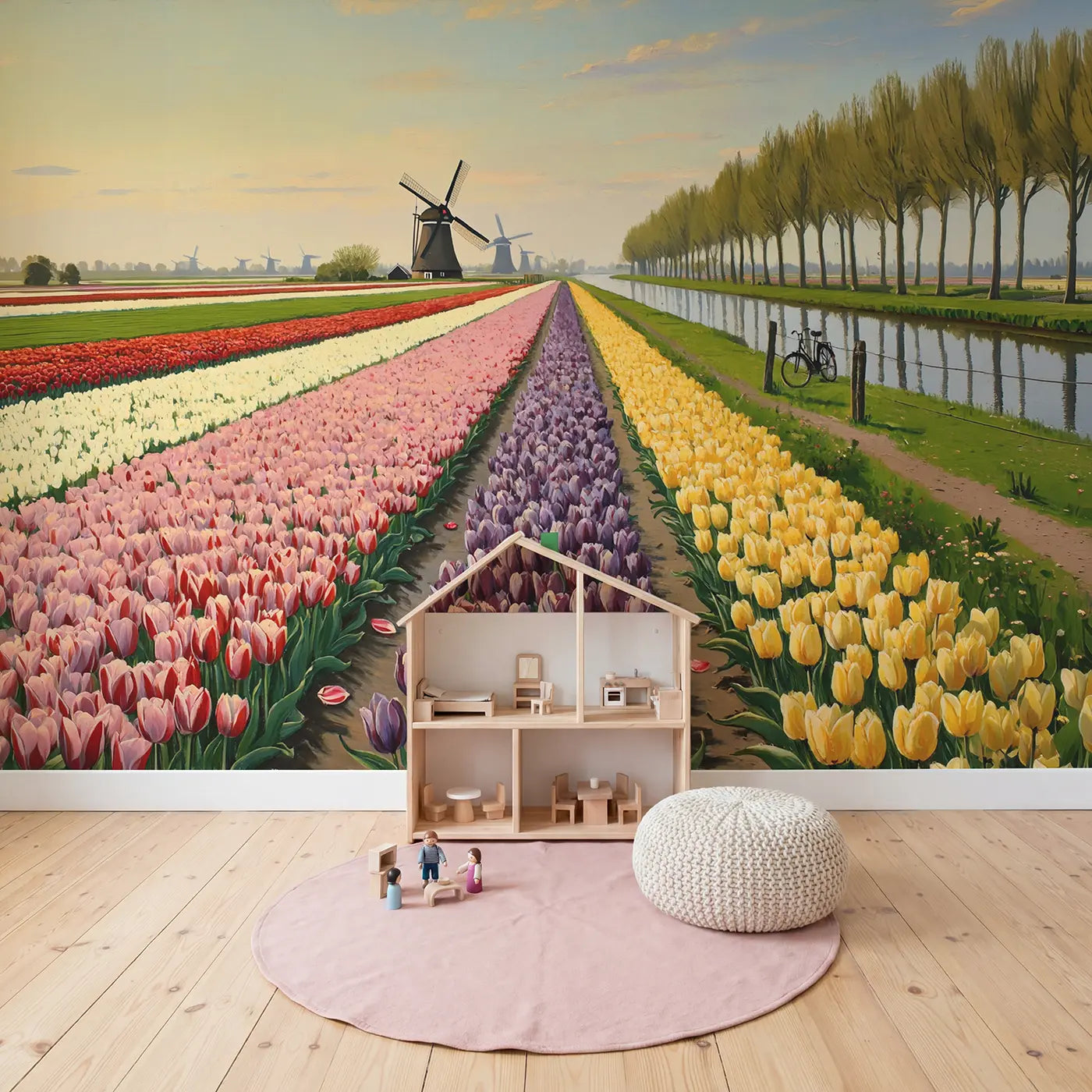 Dutch Tulip Field Windmill Wallpaper Mural in playroom setting by Whimsy Tots