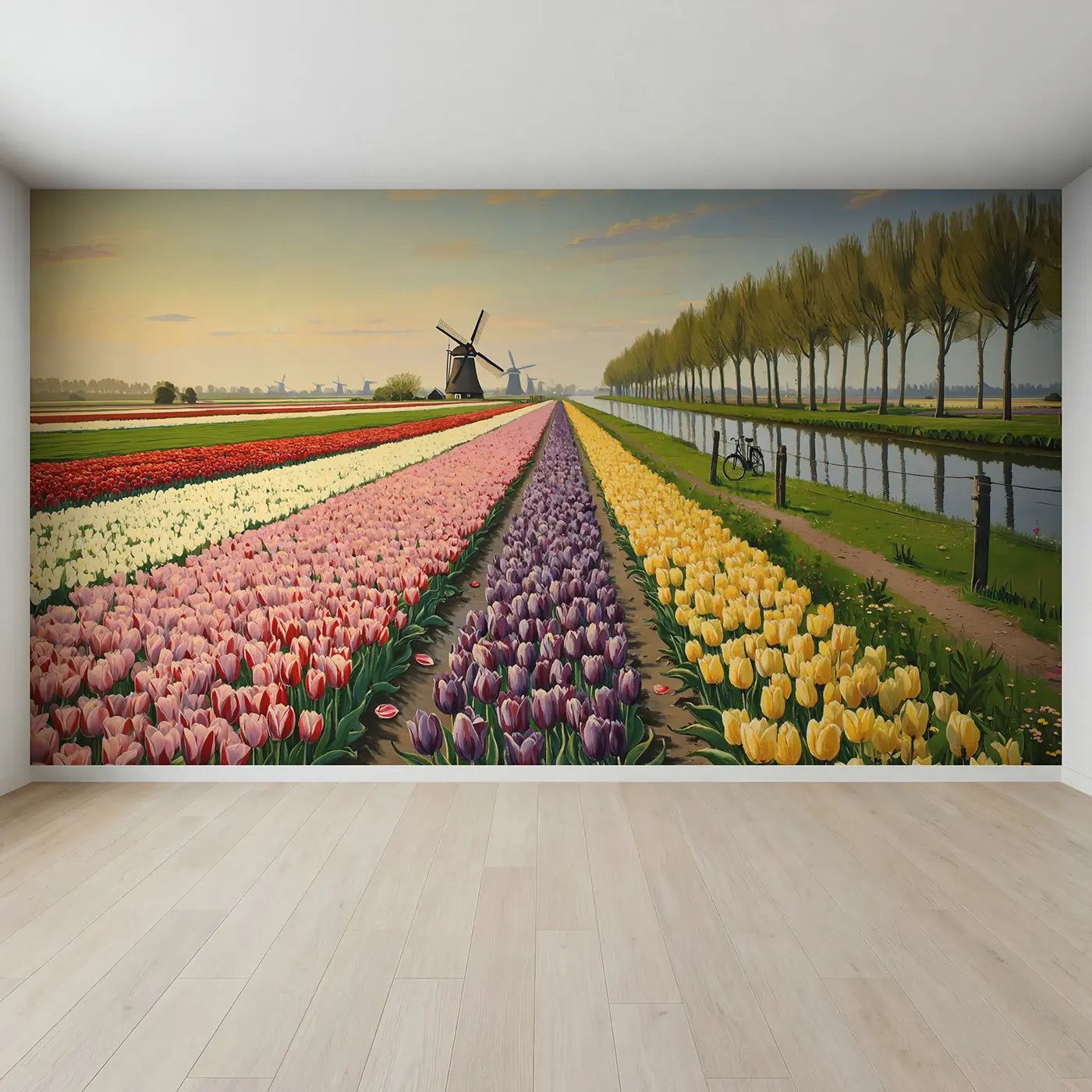 Full view of Dutch Tulip Field Windmill Wallpaper Mural by Whimsy Tots
