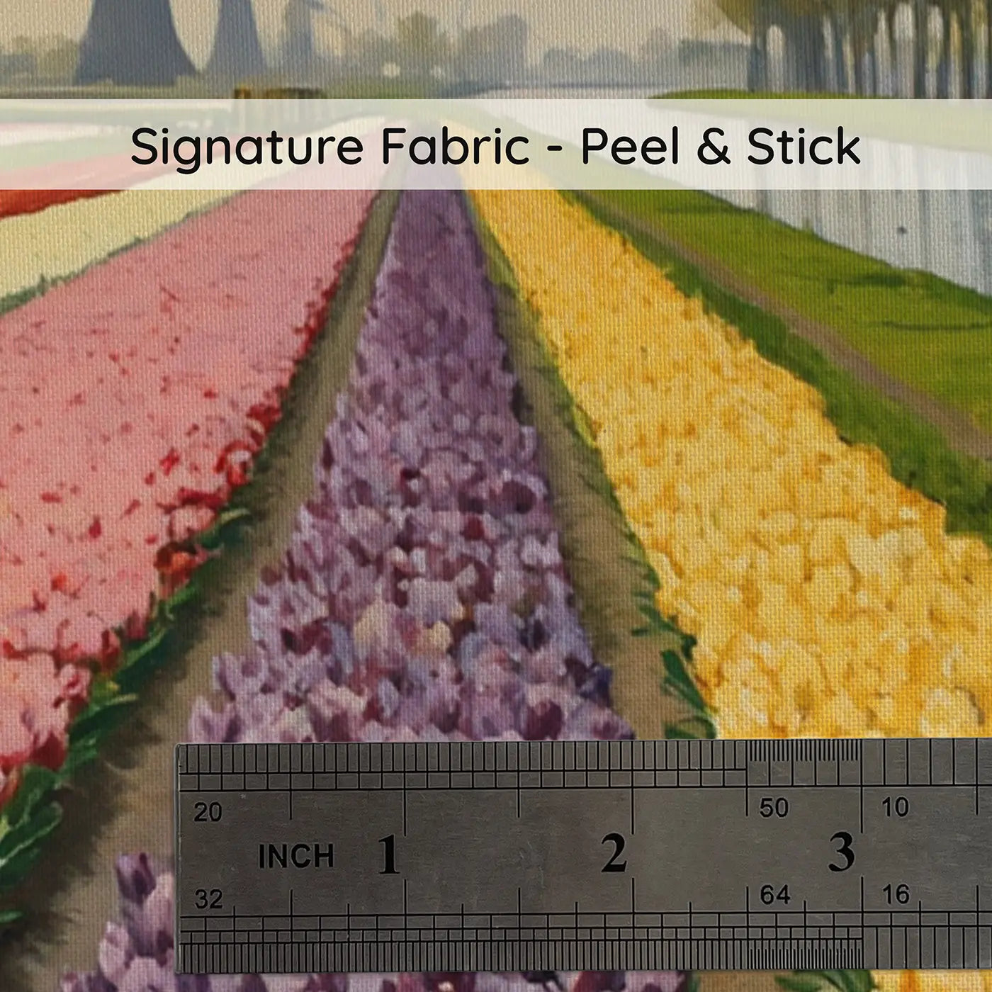 Fabric texture close-up of Dutch Tulip Field Windmill Wallpaper Mural by Whimsy Tots