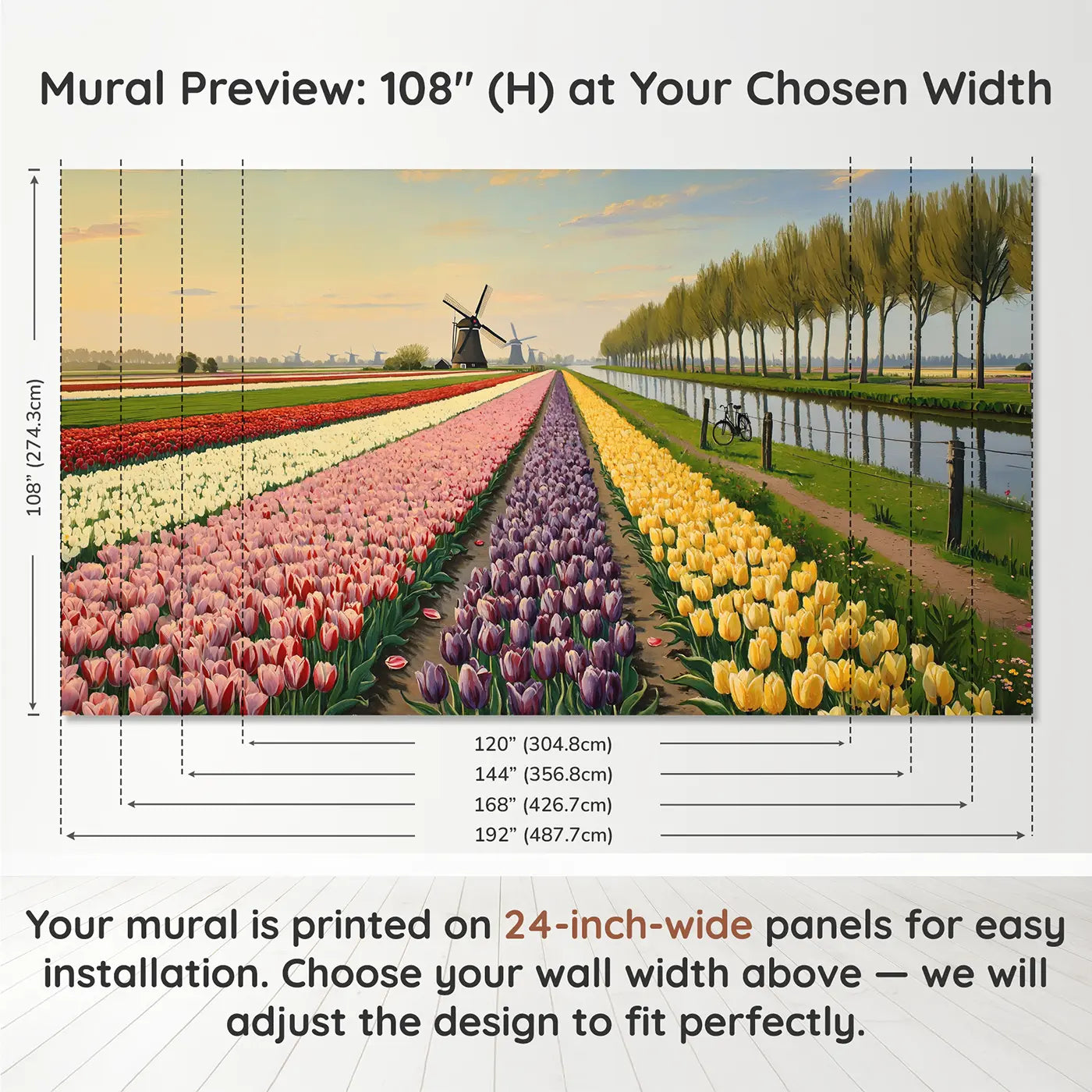 Panel layout and dimensions for Dutch Tulip Field Windmill Wallpaper Mural by Whimsy Tots