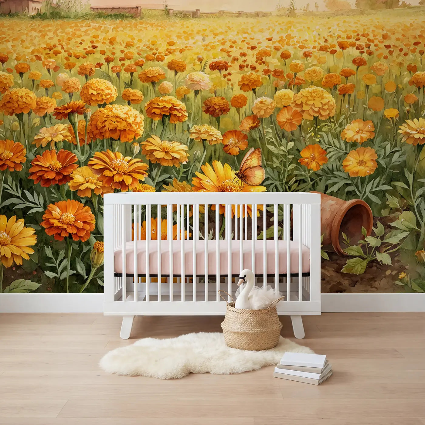 Watercolor calendula marigold field meadow wallpaper mural for nursery by Whimsy Tots