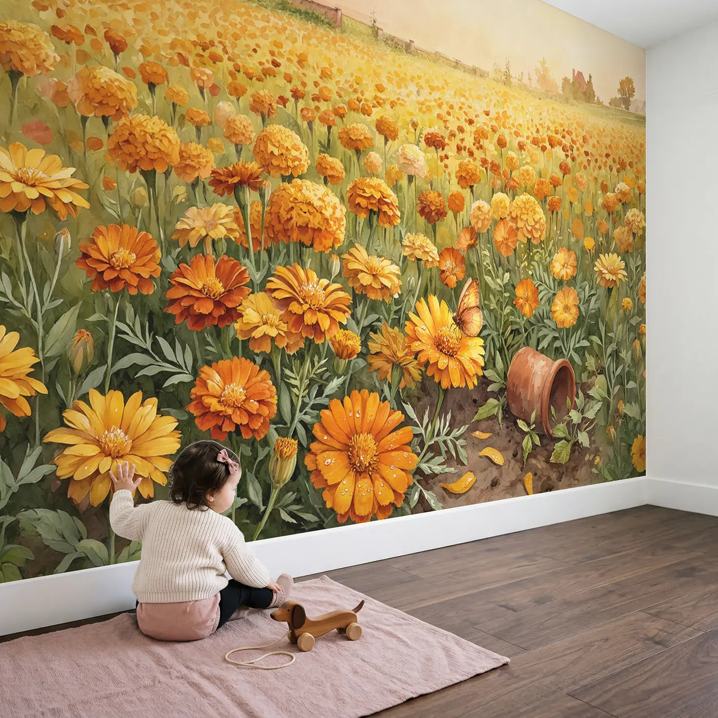 Child in nursery with Golden Calendula Marigold Field Wallpaper Mural by Whimsy Tots