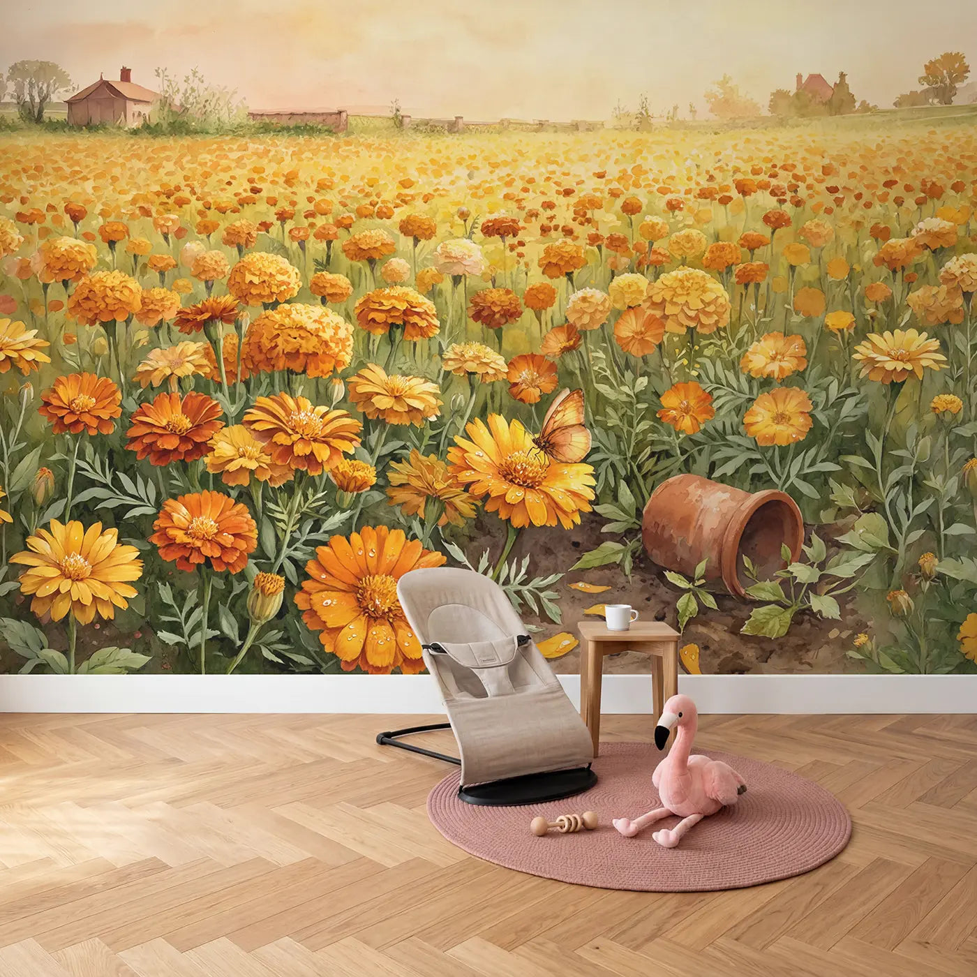 Golden Calendula Marigold Field Wallpaper Mural in playroom setting by Whimsy Tots