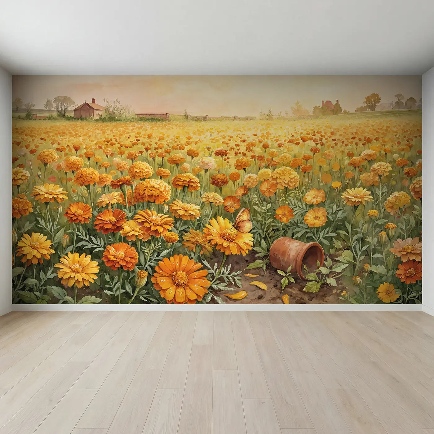 Full view of Golden Calendula Marigold Field Wallpaper Mural by Whimsy Tots