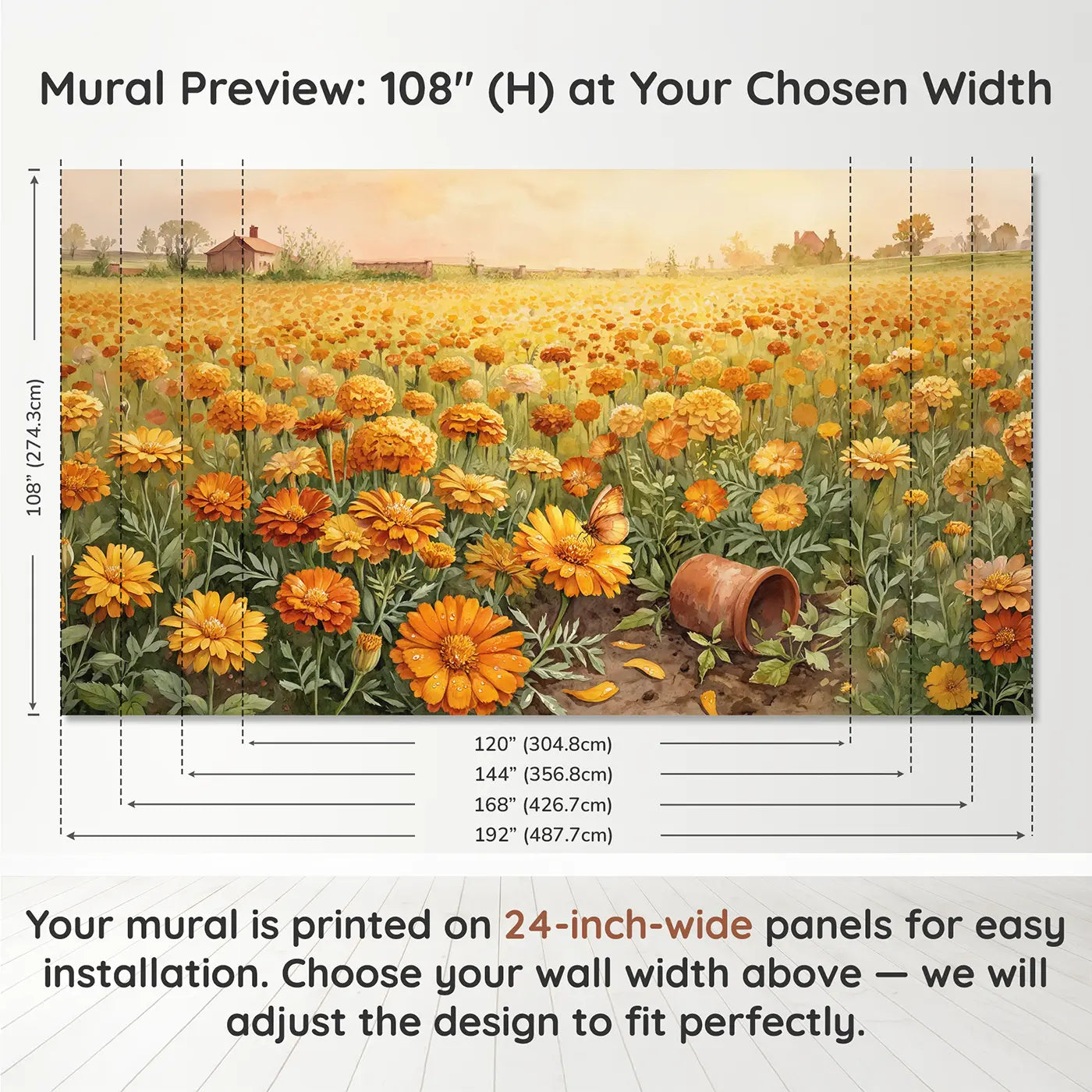Panel layout and dimensions for Golden Calendula Marigold Field Wallpaper Mural by Whimsy Tots