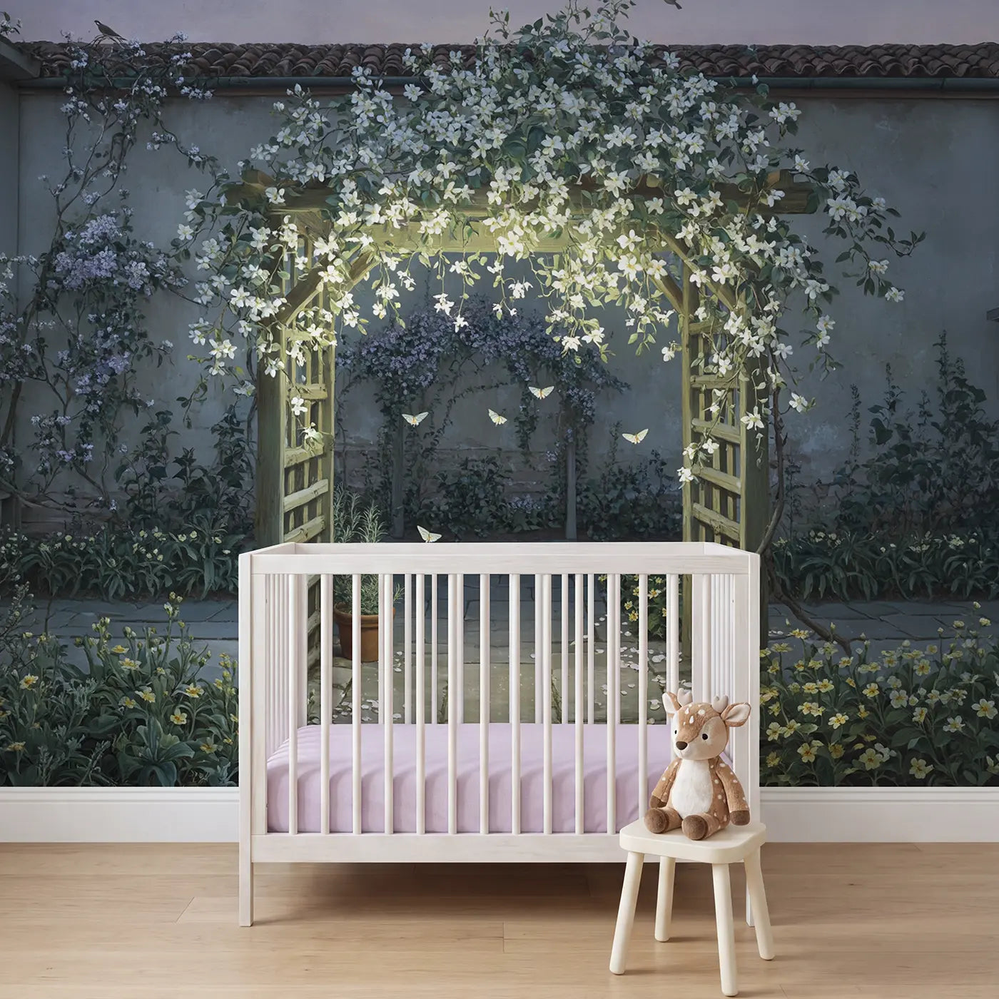 Botanical elegance moonlit jasmine trellis wallpaper mural for girls nursery by Whimsy Tots