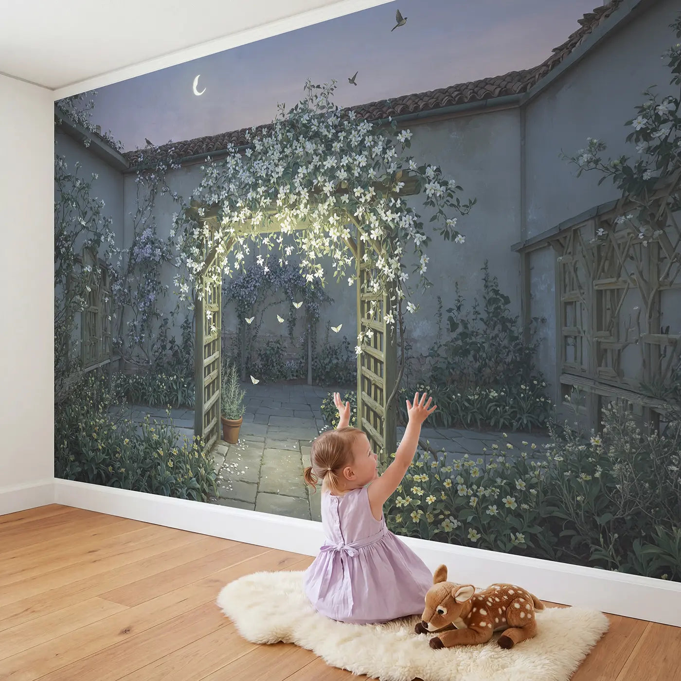 Child in nursery with Moonlit Jasmine Trellis Wallpaper Mural by Whimsy Tots