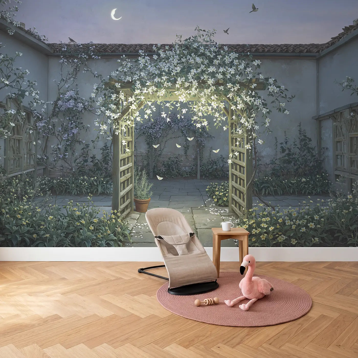 Moonlit Jasmine Trellis Wallpaper Mural in playroom setting by Whimsy Tots