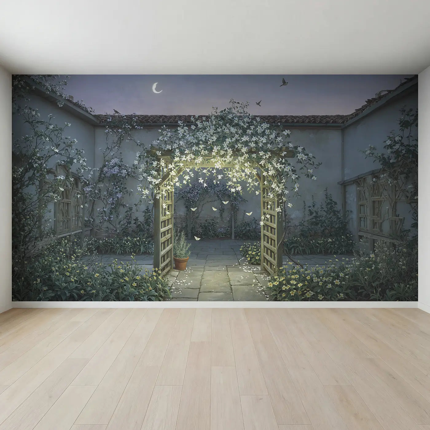 Full view of Moonlit Jasmine Trellis Wallpaper Mural by Whimsy Tots