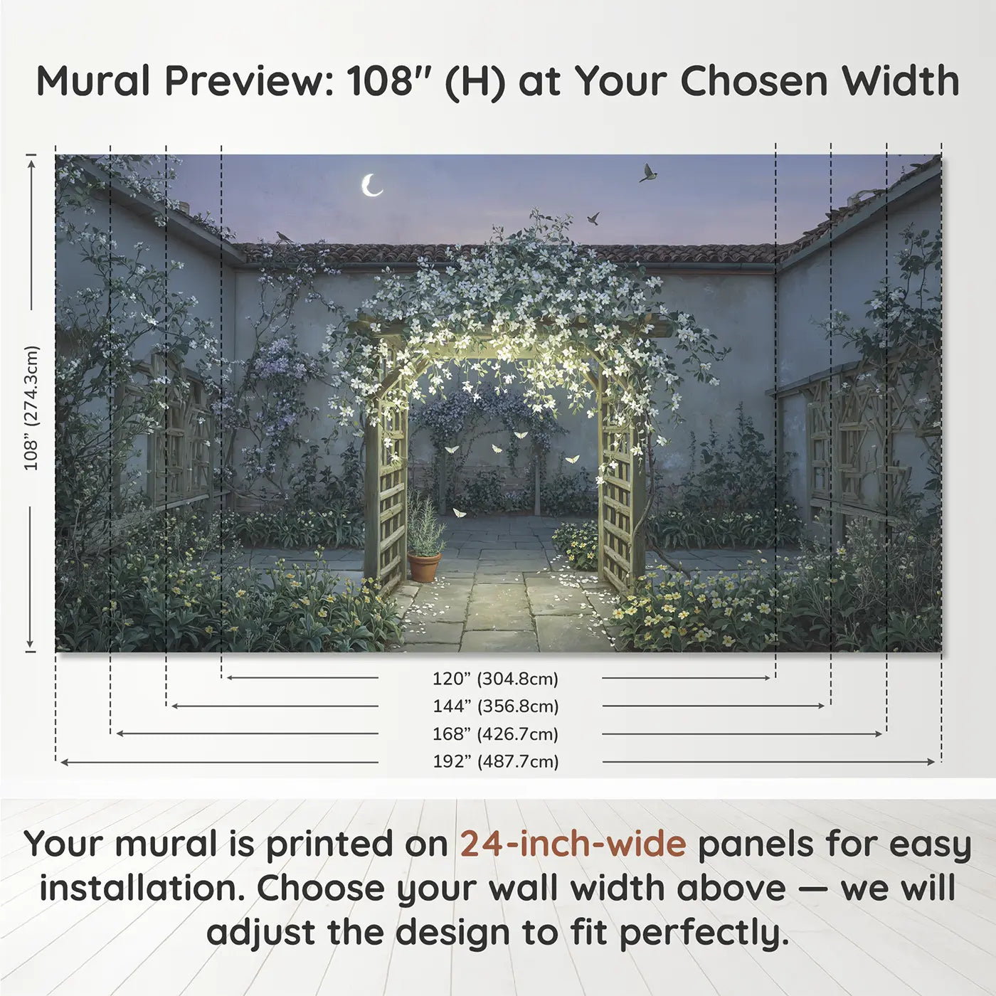 Panel layout and dimensions for Moonlit Jasmine Trellis Wallpaper Mural by Whimsy Tots
