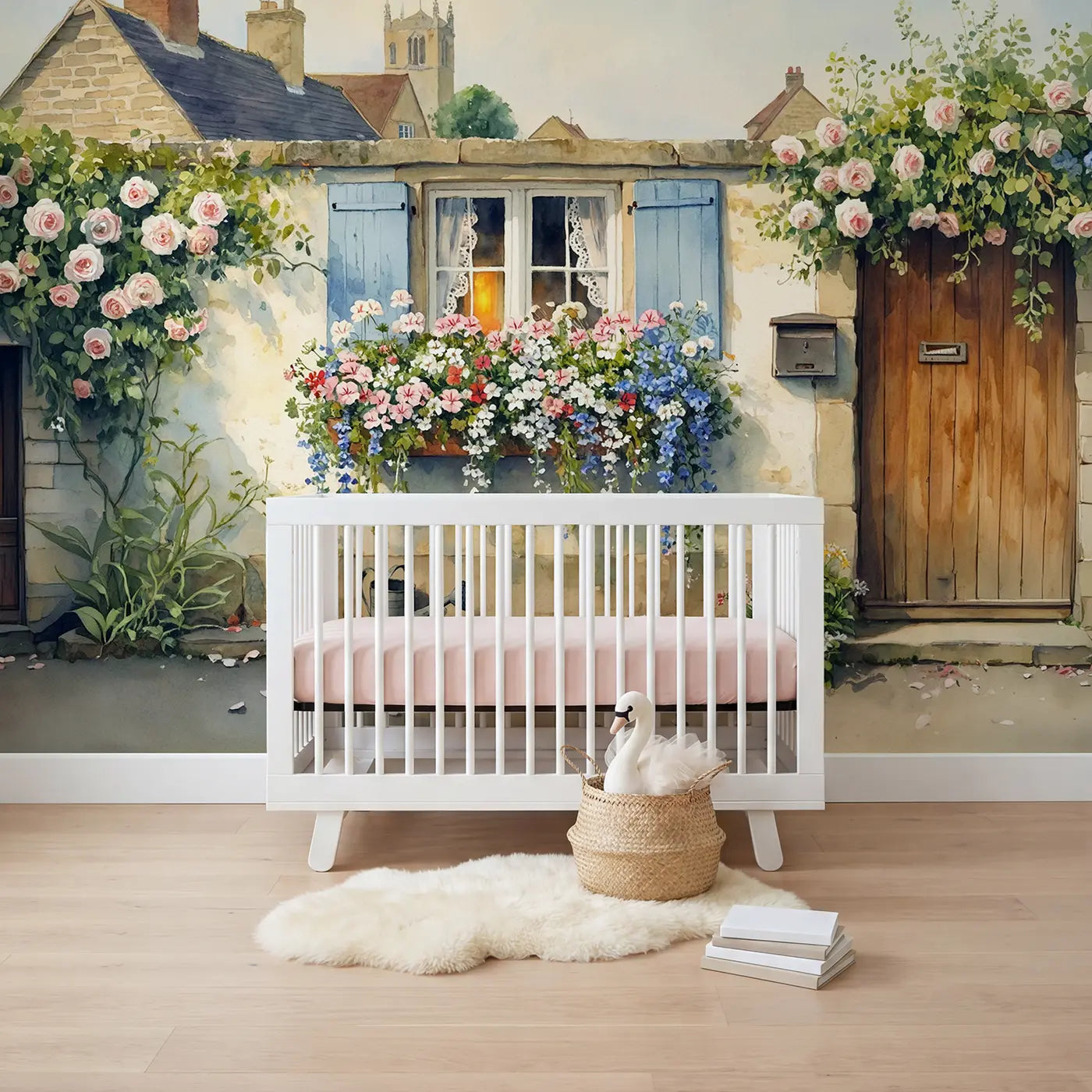 Watercolor rose floral meadow wallpaper mural for nursery by Whimsy Tots