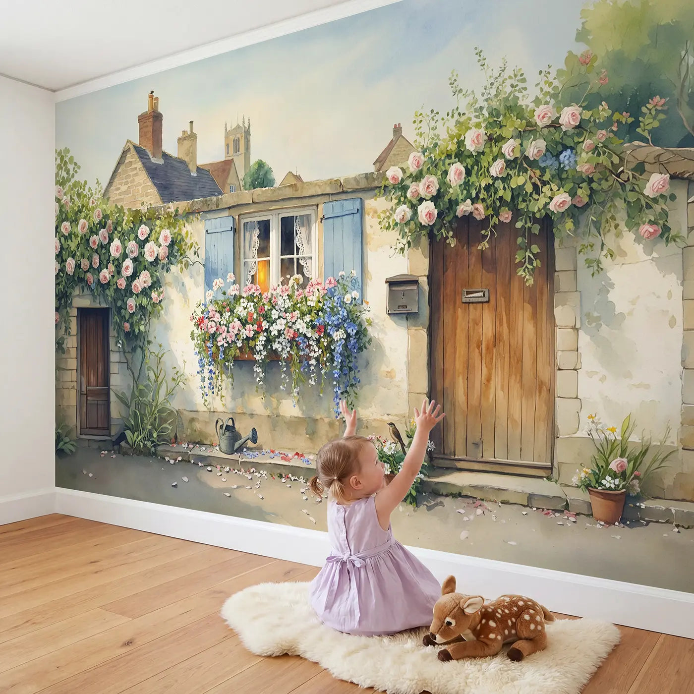 Child in nursery with Cottage Window Box Flowers Wallpaper Mural by Whimsy Tots