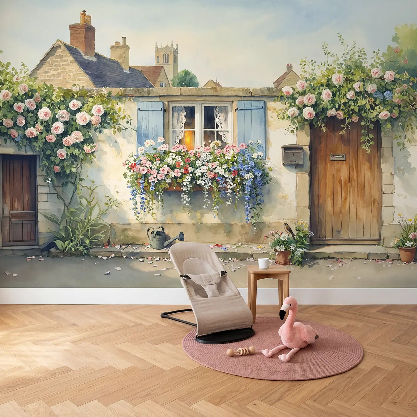 Cottage Window Box Flowers Wallpaper Mural in playroom setting by Whimsy Tots