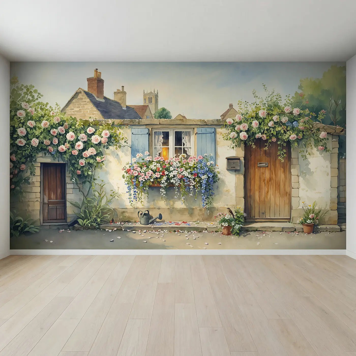 Full view of Cottage Window Box Flowers Wallpaper Mural by Whimsy Tots