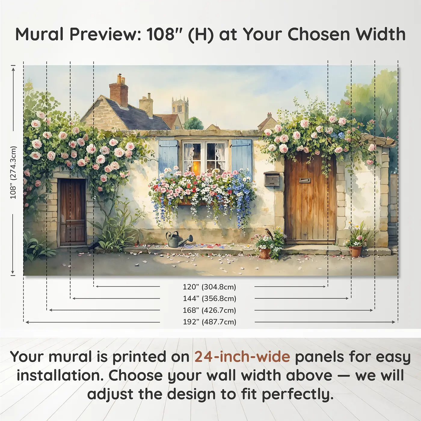 Panel layout and dimensions for Cottage Window Box Flowers Wallpaper Mural by Whimsy Tots